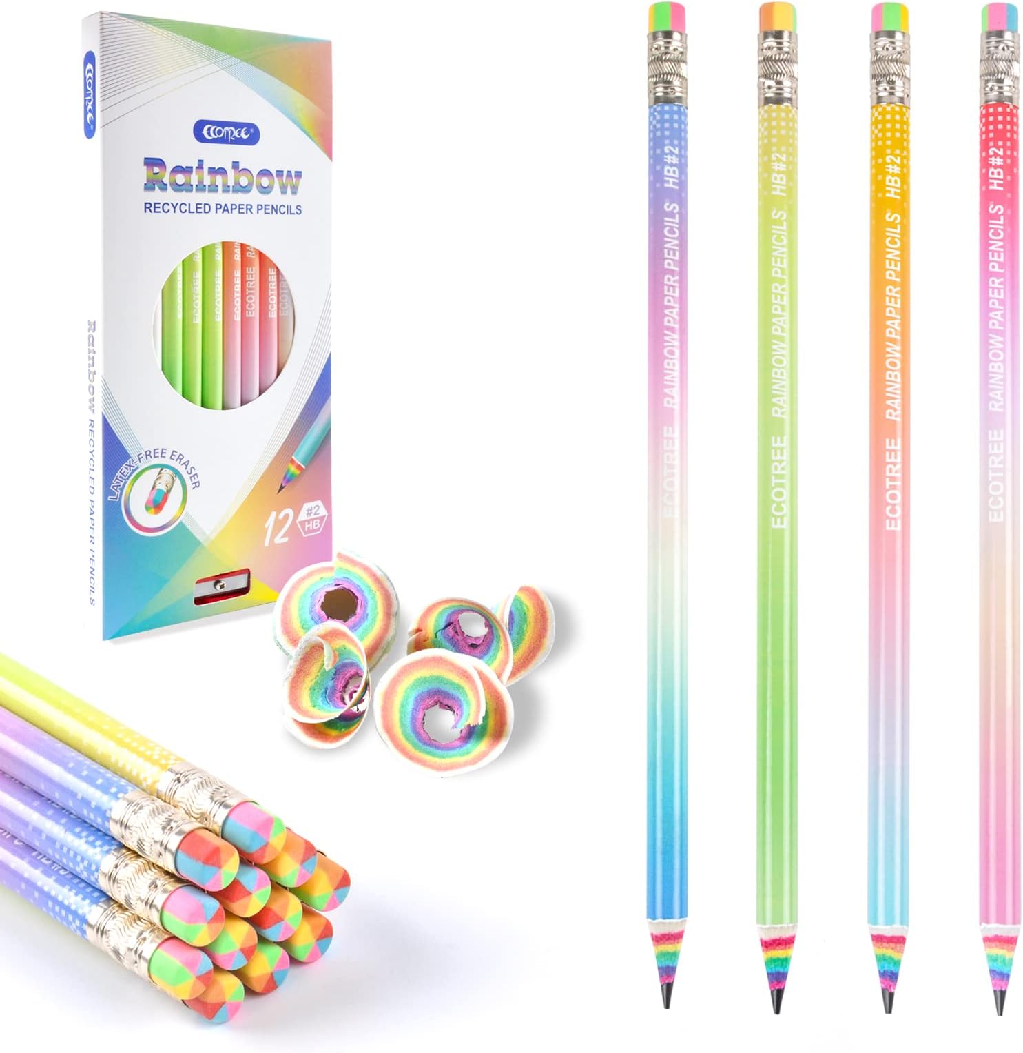 Pre-sharpened Pencils #2 Eco Rainbow Paper Pencil Cute Pencil for Kids Number 2 Pencils with Erasers for School, Writing, 12 Count
