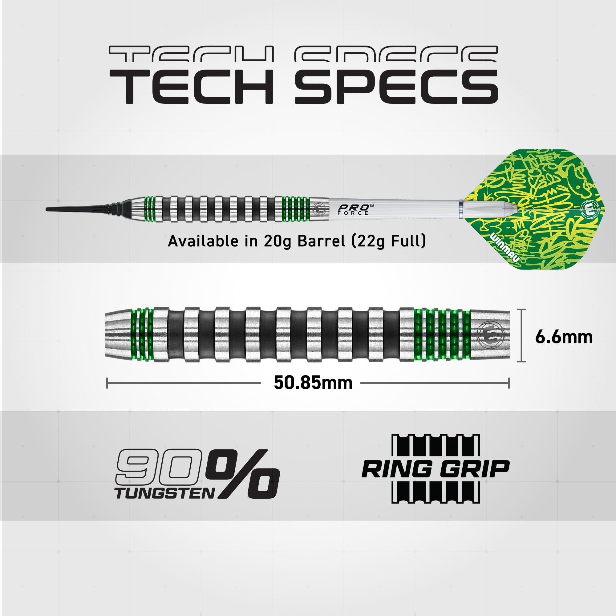 WINMAU Freccette Advance 500 Serie Verde 20g Barile / 22g Peso Totale Professionale Tungsteno Set di Freccette con Punta Morbida con voli e aste (steli)