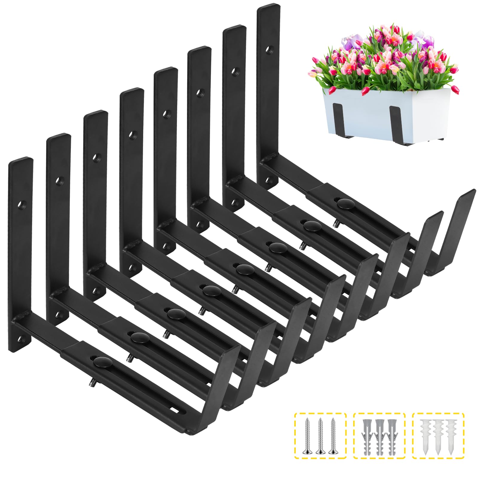LukLoy Adjustable Window Box Brackets, 8 Pack Planter Box Brackets, Black