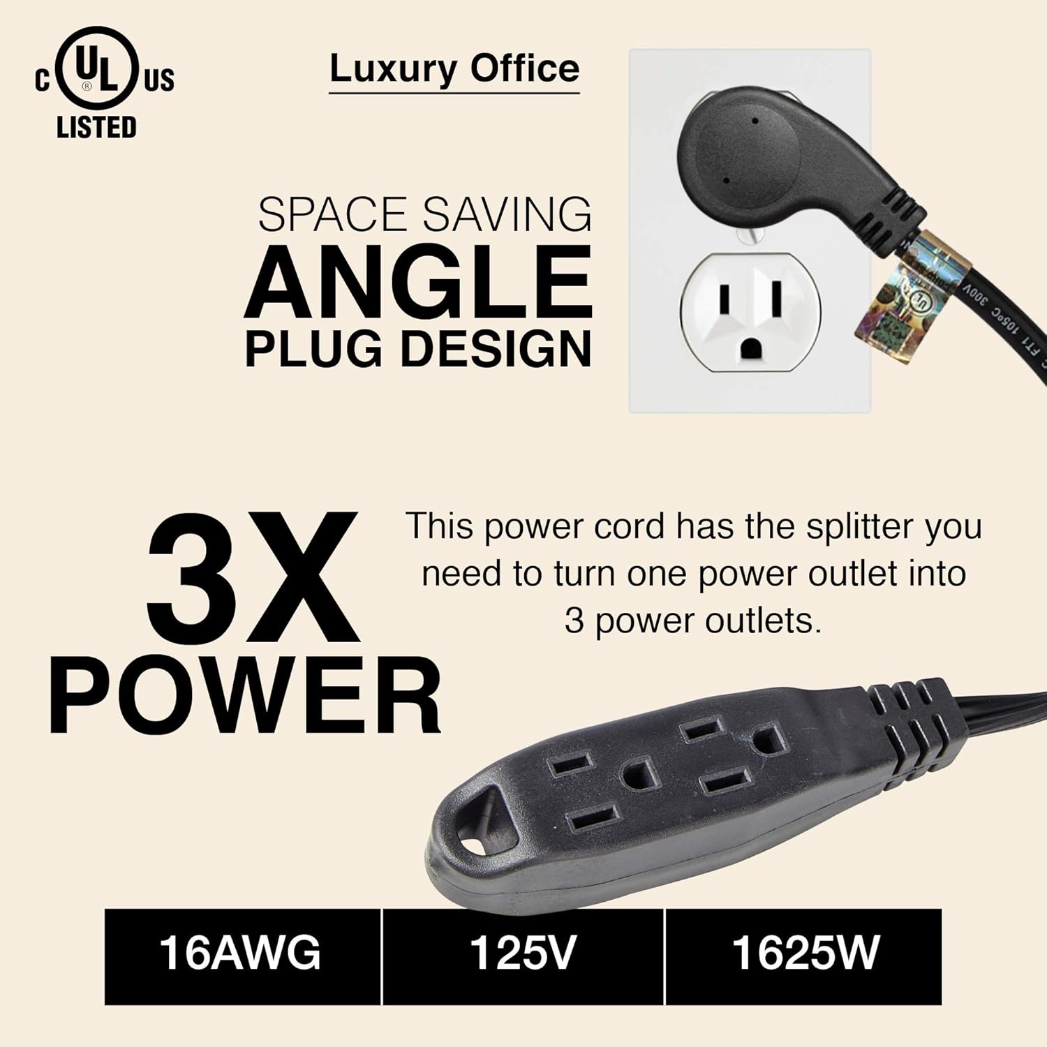 Flash Deals - 70% OFF 3 Way Power Splitter and 12' Extension Cord, 3 Pack With Angled Plug - 1 to 3 Cable Strip With 3 Pronged Outlets and Long Y Style Wire – Black - SJT 16 AWG – By Luxury Office New Product 3 Way Power Splitter and 12' Extension Cord, 3 Pack With Angled Plug - 1 to 3 Cable Strip With 3 Pronged Outlets and Long Y Style Wire – Black - SJT 16 AWG – By Luxury Office