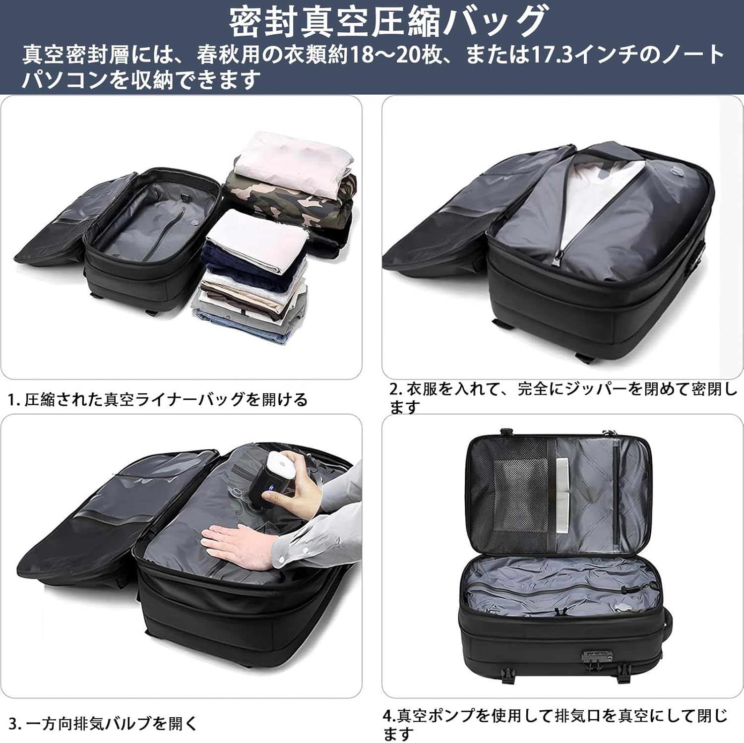 圧縮バッグ リュック ビジネスリュック 大容量 旅行用バックパック TSAロック付き ク 防水防塵 災害用/機内持ち込み対応 ガーメ