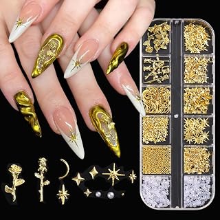 3D Metal Rose Nail Art Charms, Gold Roses Flowers Alloy Nail Rivets Star Metallic Studs with Flatback Pearls Caviar Beads Nail Jewelry Decorations Manicure Supplies for DIY Crafts