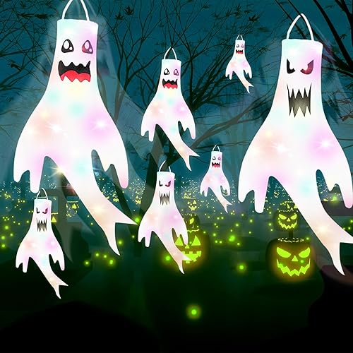 Miniatura 6 de Dokeawo 2 piezas de decoración de Halloween, calcetines de viento fantasma de 47 pulgadas, decoración de Halloween colgante con luz LED para