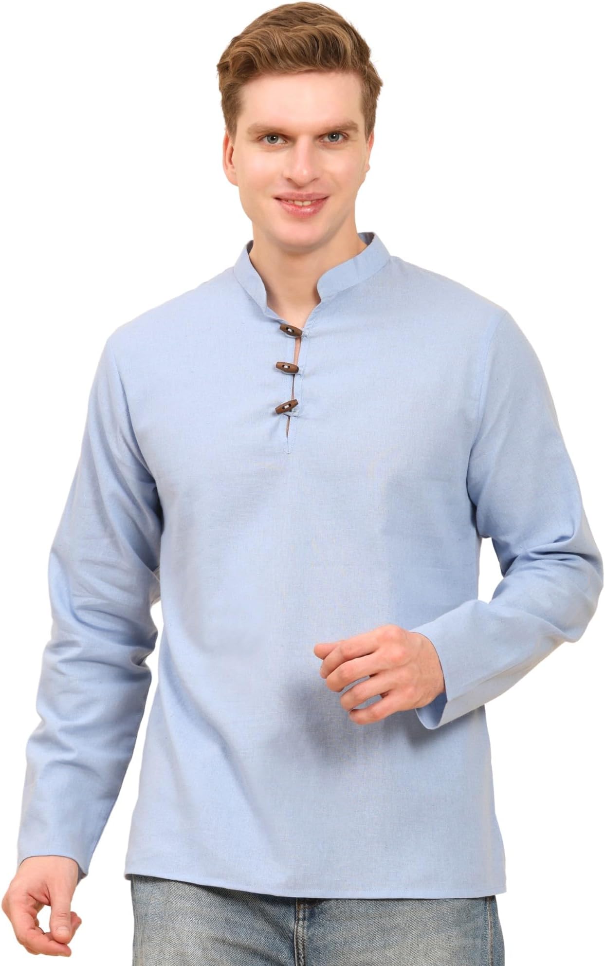 Men's Cotton Linen Solid Kurta Long Sleeves Straight Regular Casual Shirt