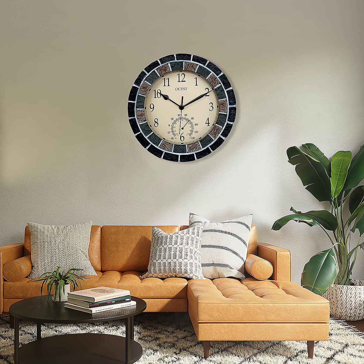 OCEST Horloges de jardin étanches de 26,7 cm, thermomètre, silencieuses, sans tic-tac, à piles, horloges murales rétro décoratives pour piscine, cuisine, terrasse