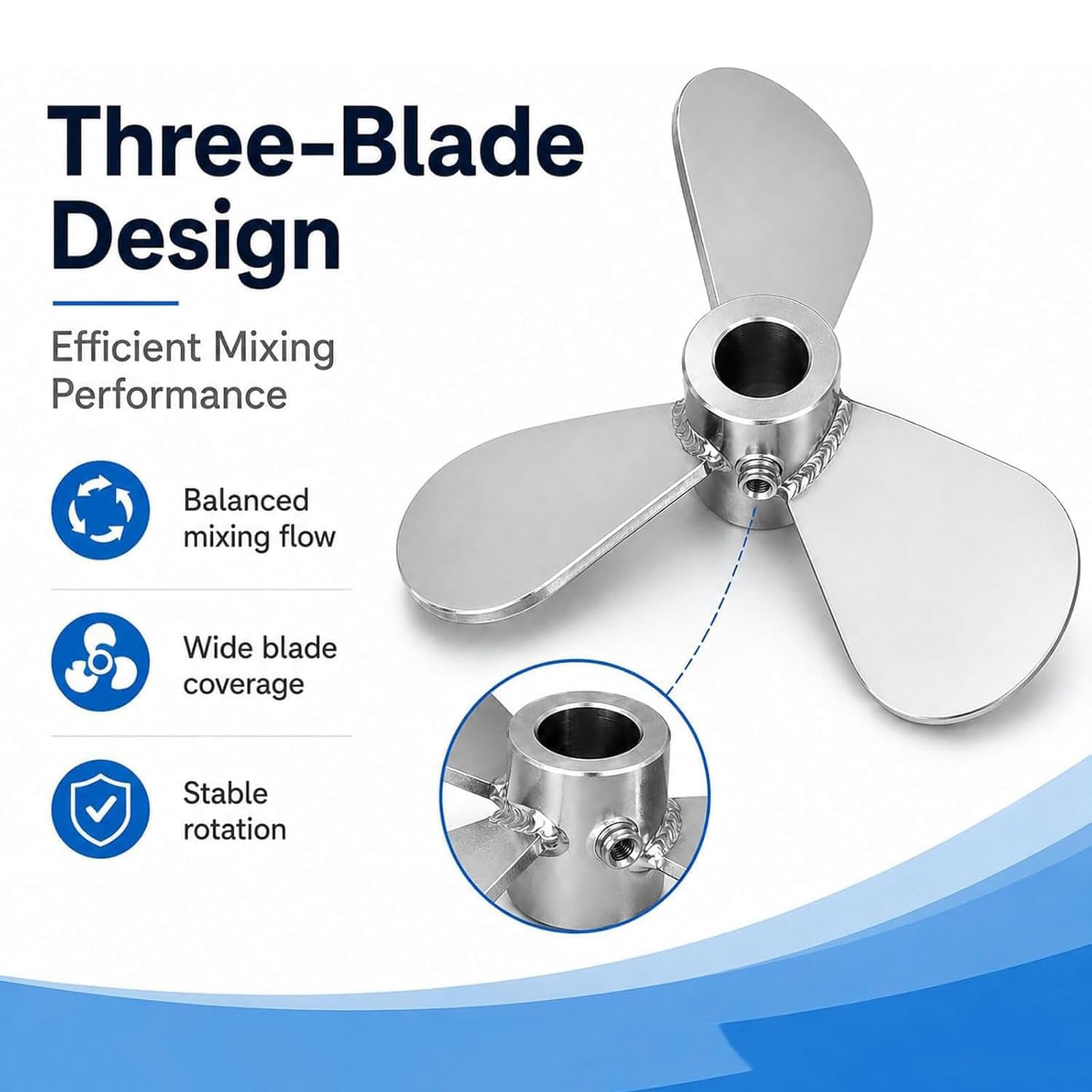 Aspa de Hélice para Mezclador, Hélice de Mezcla de Tres Palas de Acero Inoxidable 304 con Eje de 15 Mm, Paleta de Agitación de Repuesto para Mezcladores IBC, Neumáticos y de Tanque (160 Mm)