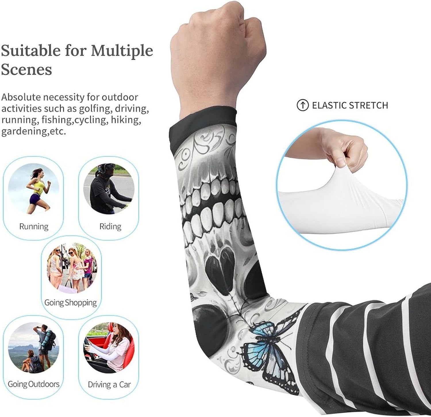 Dead Flower Candy Skull Arm Sleeves for Men Women Sun Protection Sleeves Cooling Compression Arm Covers for Sport