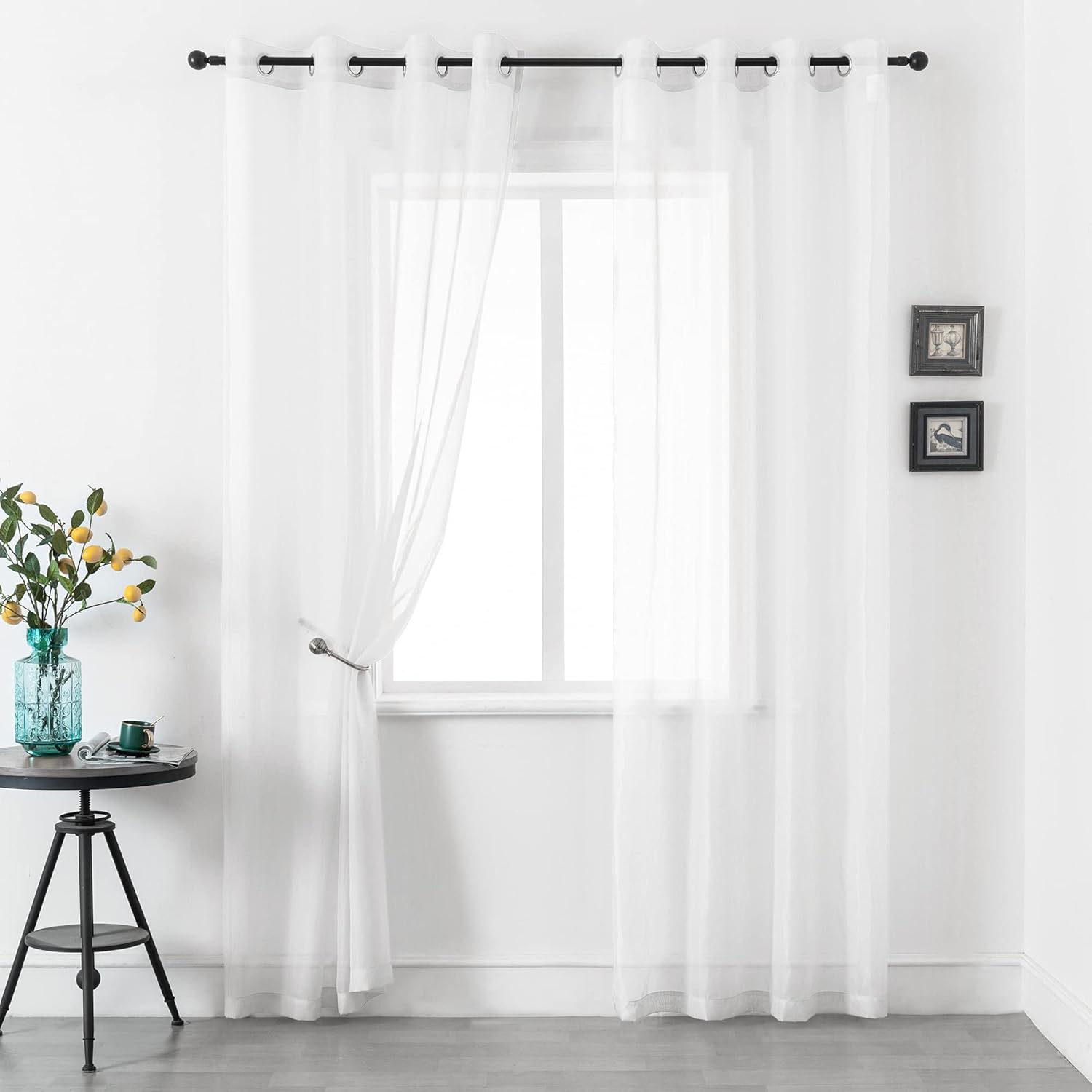 DUALIFE White Sheer Curtains 96 Inches Long Set 2 Panels Grommet Semi Transparent Drape Tulle Gauze Voile Window Sheer Curtains for Bedroom Living Room Dining Wide 52 Length Solid Color