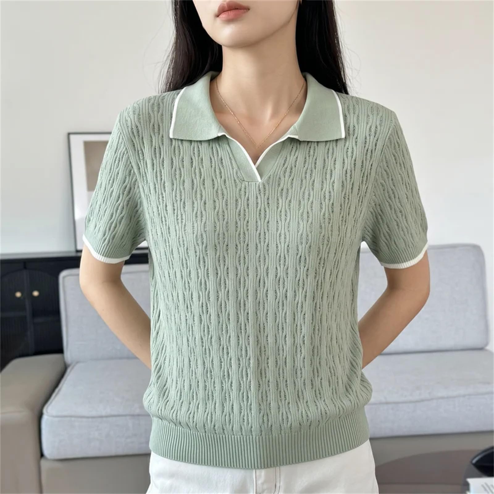 Polo da donna in cotone verde lavorato a maglia tinta unita manica corta casual pullover t-shirt