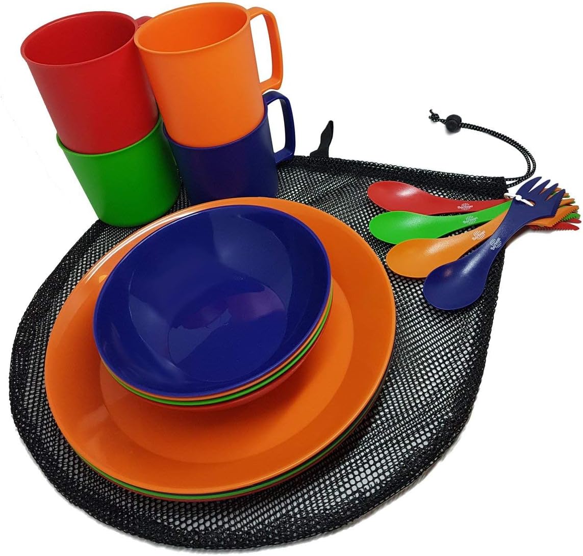 Camping Mess Kit 4 Person Dinnerware Set with Mesh Bag - Complete Dish Set Includes Plates, Bowls, Cups and Sporks - Perfect for Backpacking, Hiking, Picnic and Much More