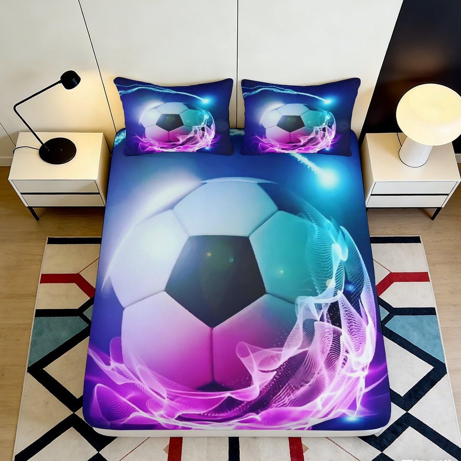 Pnayamiorkfel Style-4 3D Printed Soccer Ball Fitted Sheet Microfiber Sports Bedroom Decor Purple Blue Mattress Cover For Home Guest Room 90X200x25cm