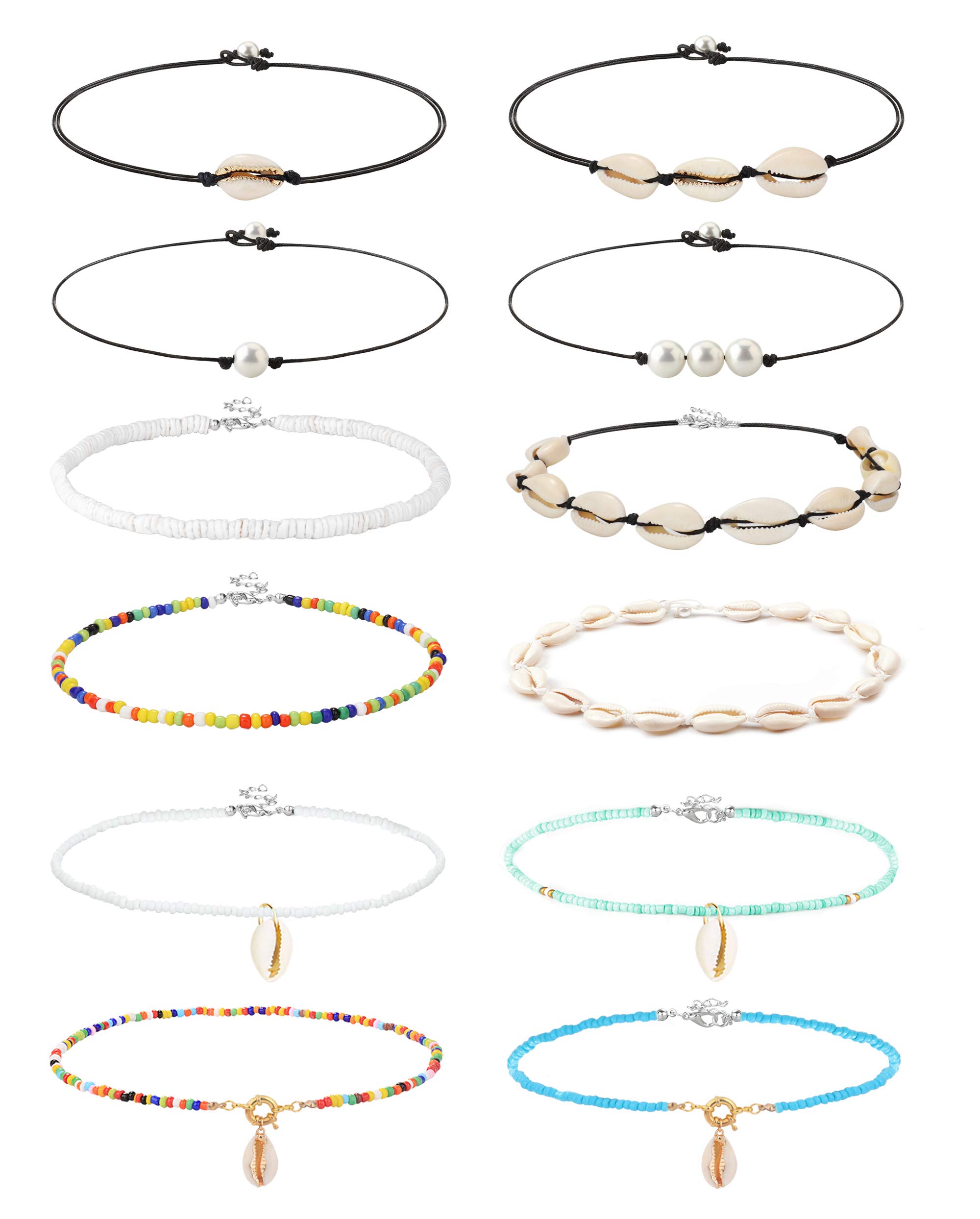 Finrezio 12 Piezas Collar De Concha para Mujeres Niñas Gargantilla Boho Rainbow Seed Beads Conjunto De Collares con Colgante De Perlas Joyería De Hawaii Hecha a Mano Ajustable