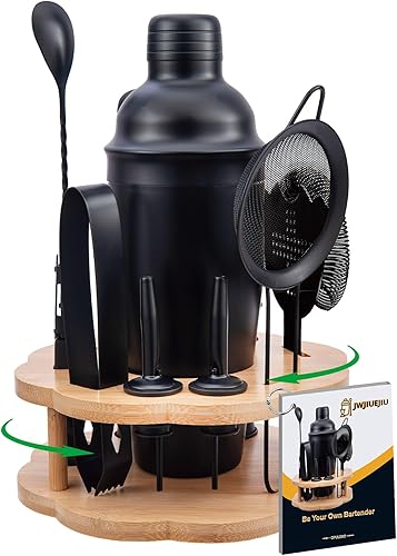 Juego de coctelera con soporte giratorio de bambú, juego de 11 herramientas de barra de acero inoxidable con folleto de recetas (negro escarchado)