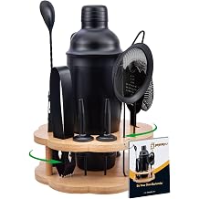 Bartender Set with Rotating Bamboo Stand 11 Piece Cocktail Shaker Set Stainless Steel Bar Tool Set with Recipe Booklet Matte Black