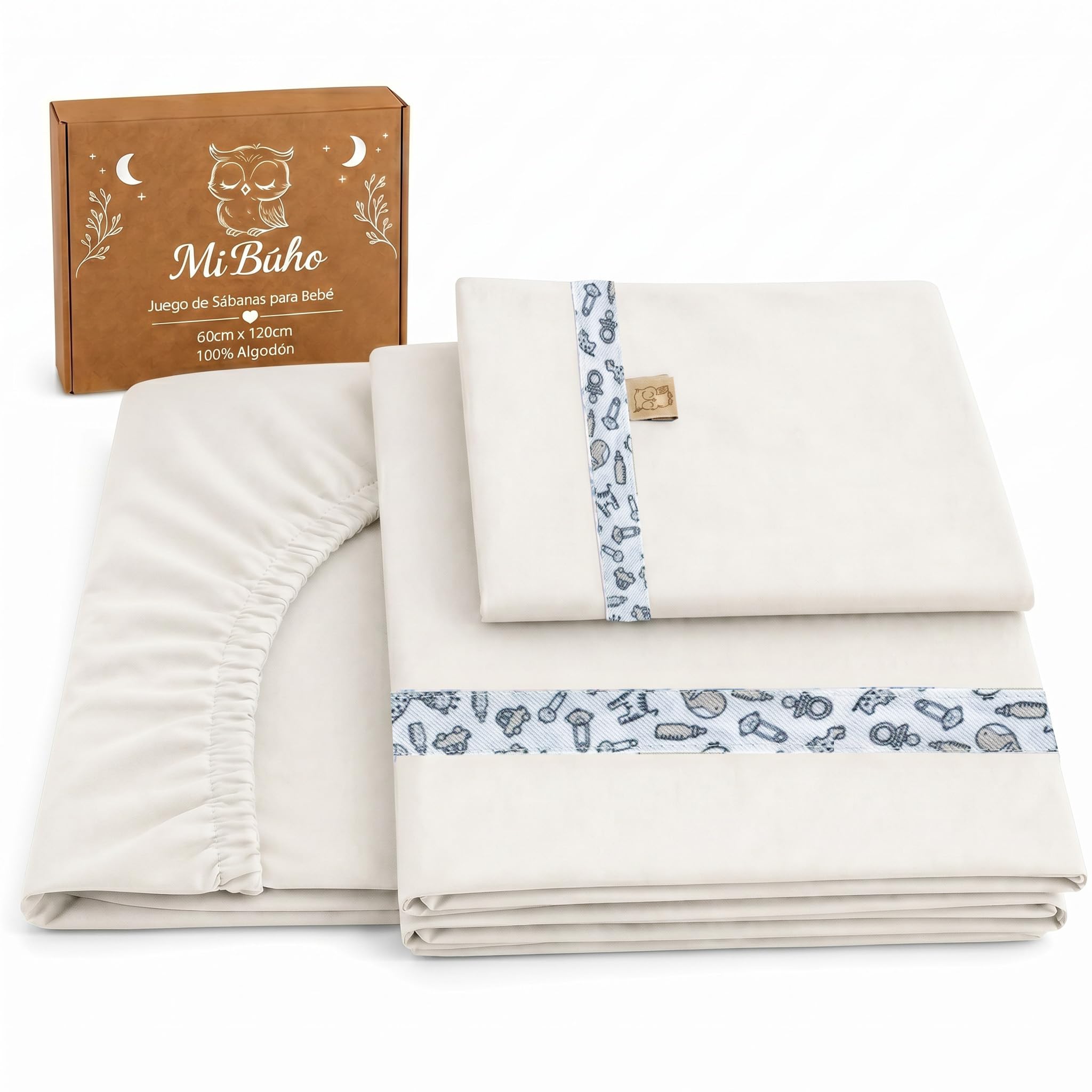 Sabanas Cuna 60x120 Algodon para Bebé, Juego Completo 3 Piezas con Bajera Ajustable, Encimera Y Funda De Almohada, 100% Algodón Suave para Descanso Diario (Crema)
