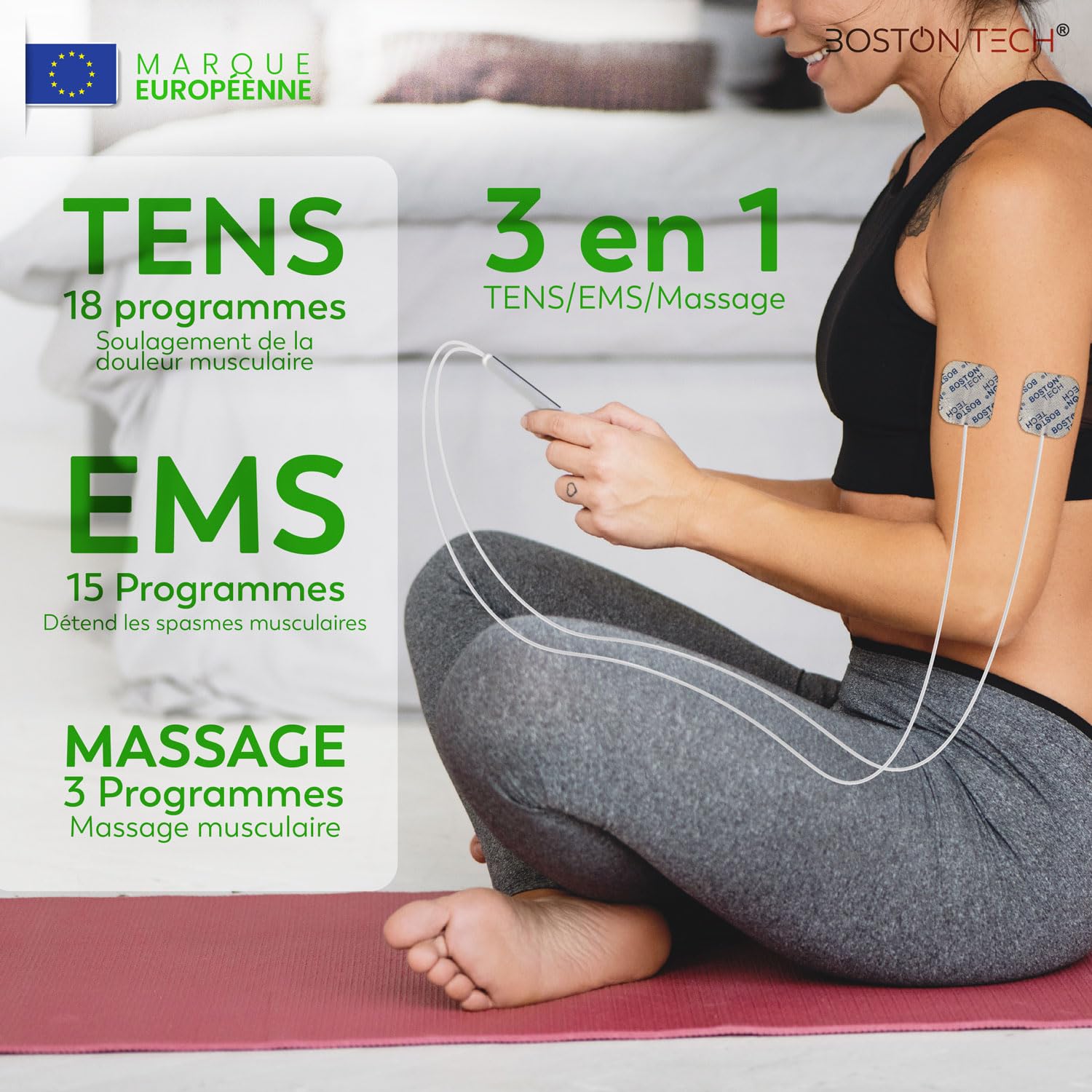 Boston Tech® Stimulateur musculaire 3 en 1 avec fonctions TENS/EMS/massage | 2 canaux, 36 programmes à intensité réglable, 4 électrodes. Soulage, réhabilite et renforce les muscles. Piles incluses.