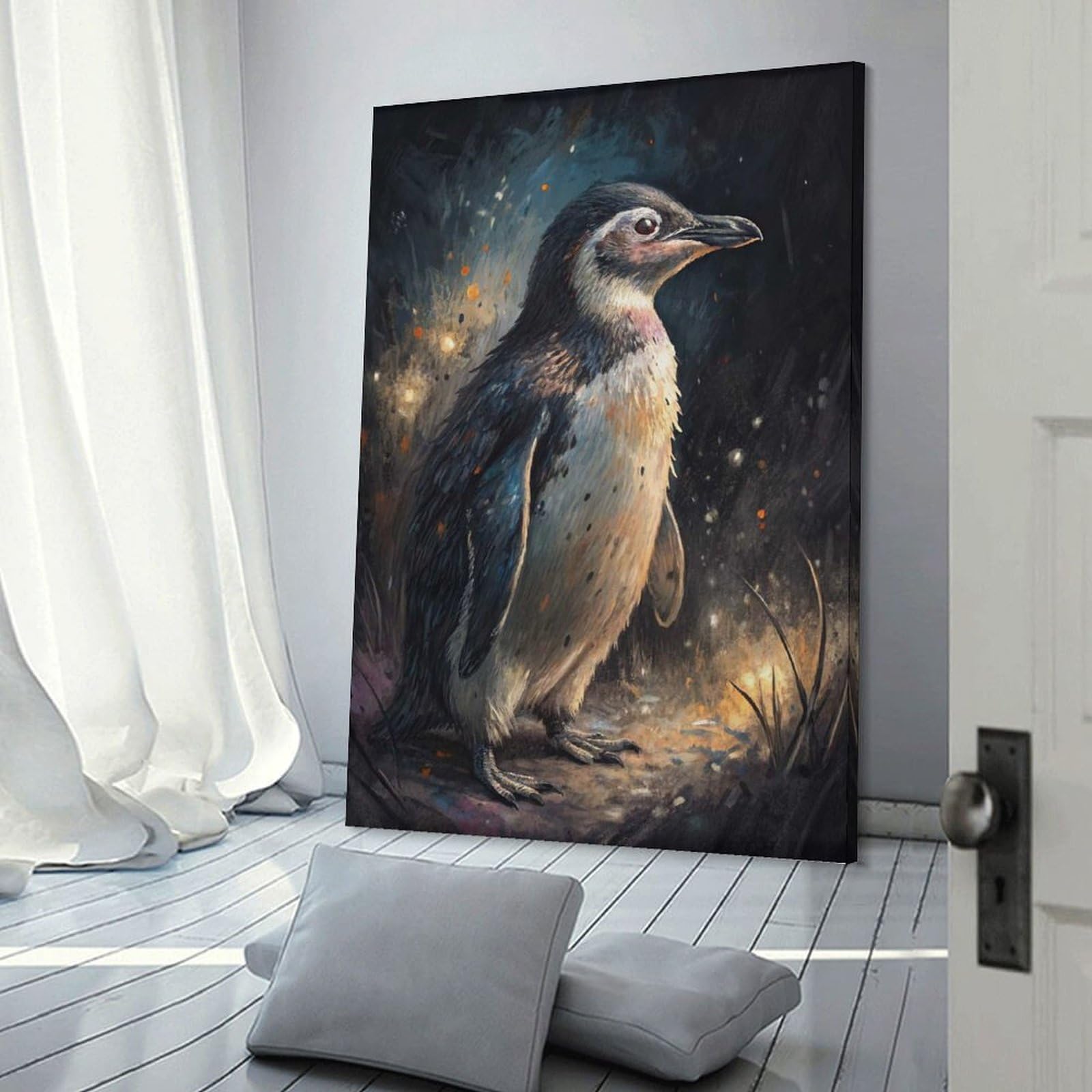 Junmoney Frame-Style-9 Penguin In A Dark, Sparkly Forest Decorative Canvas Print, 24X36inch(60X90cm), For Gallery Wall Decor And Room Displays, Wall Decor Suited To Curated Displays