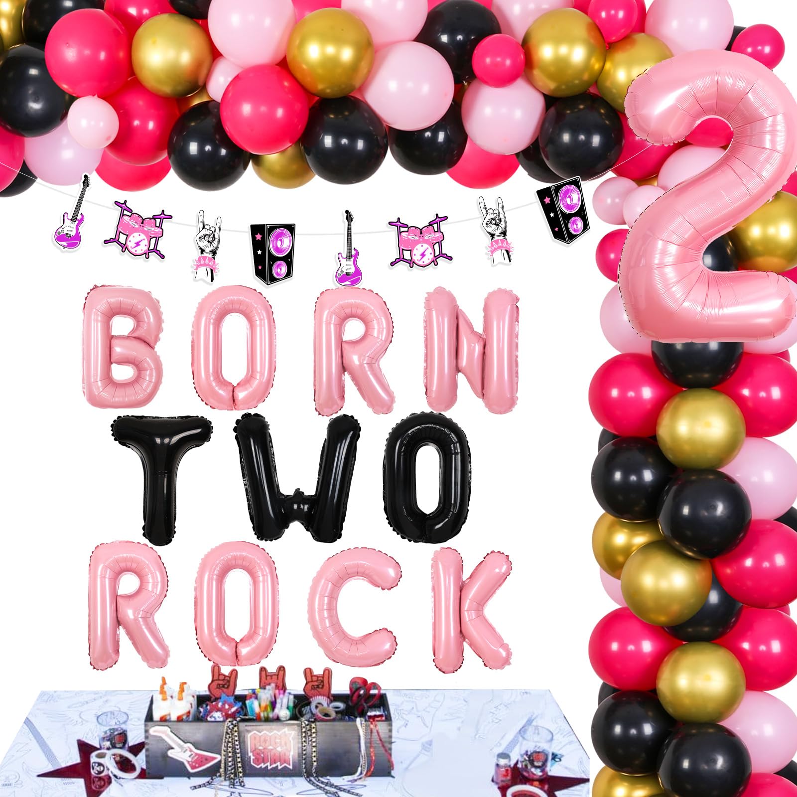 Sursurprise Born Two Rock Birthday Decorations Rock and Roll 2nd Birthday Party Supplies for Girl Rock N Roll Balloon Garland Arch Kit Rock Banner for Rock Band Music Theme Party
