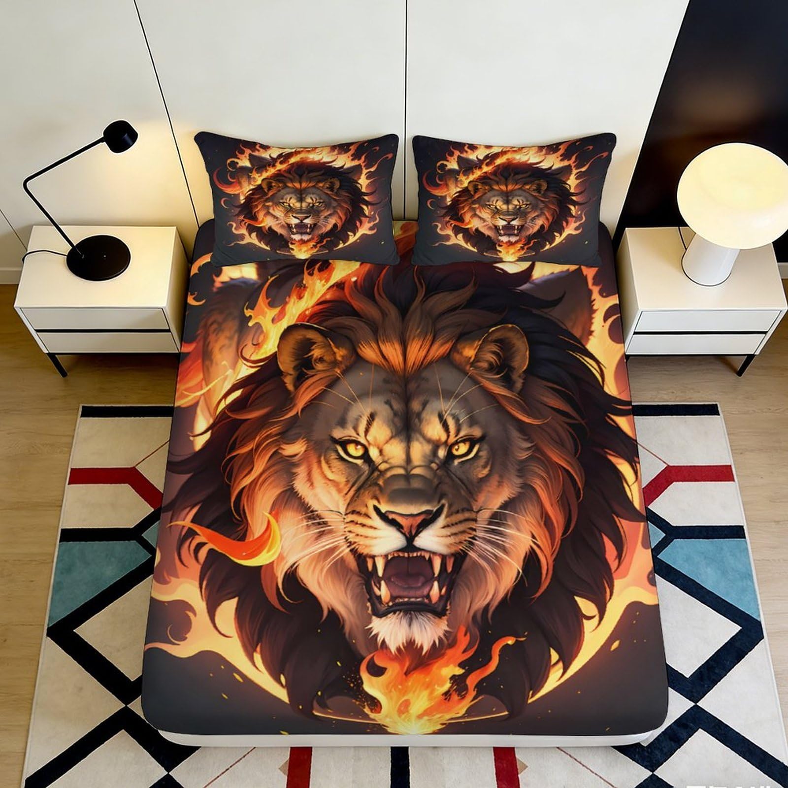 3D Printed Lion Flame Fitted Sheet Microfiber Soft Breathable Wild Animal Bed Cover for Bedroom Dorm Mattress Decor 90x200x25cm