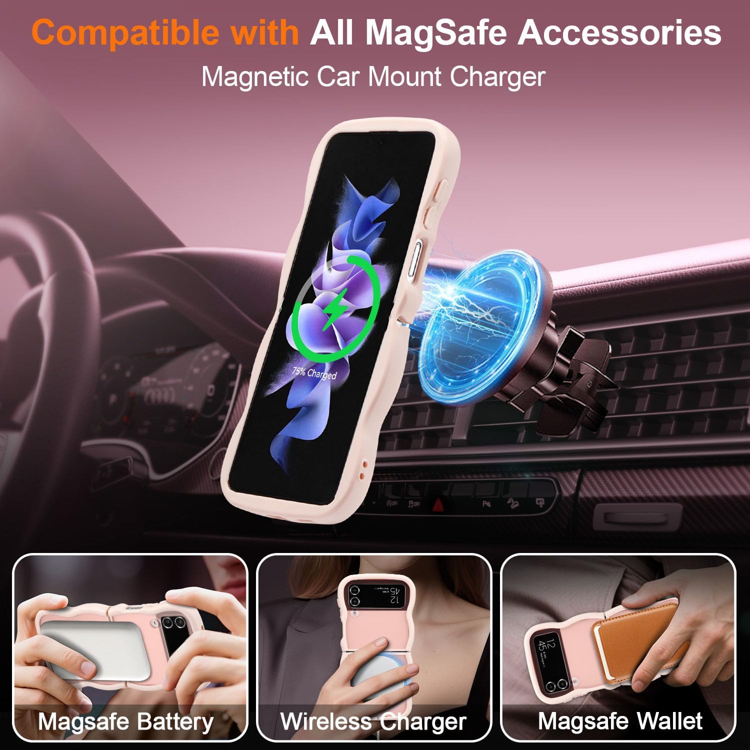 UEEBAI Magnetic for Samsung Galaxy Z Flip 3/Z Flip 4 Case, Compatible with MagSafe, Transparent Clear Wave Frame Design Soft Edge Cover Matte Shockproof Phone Case- Pink