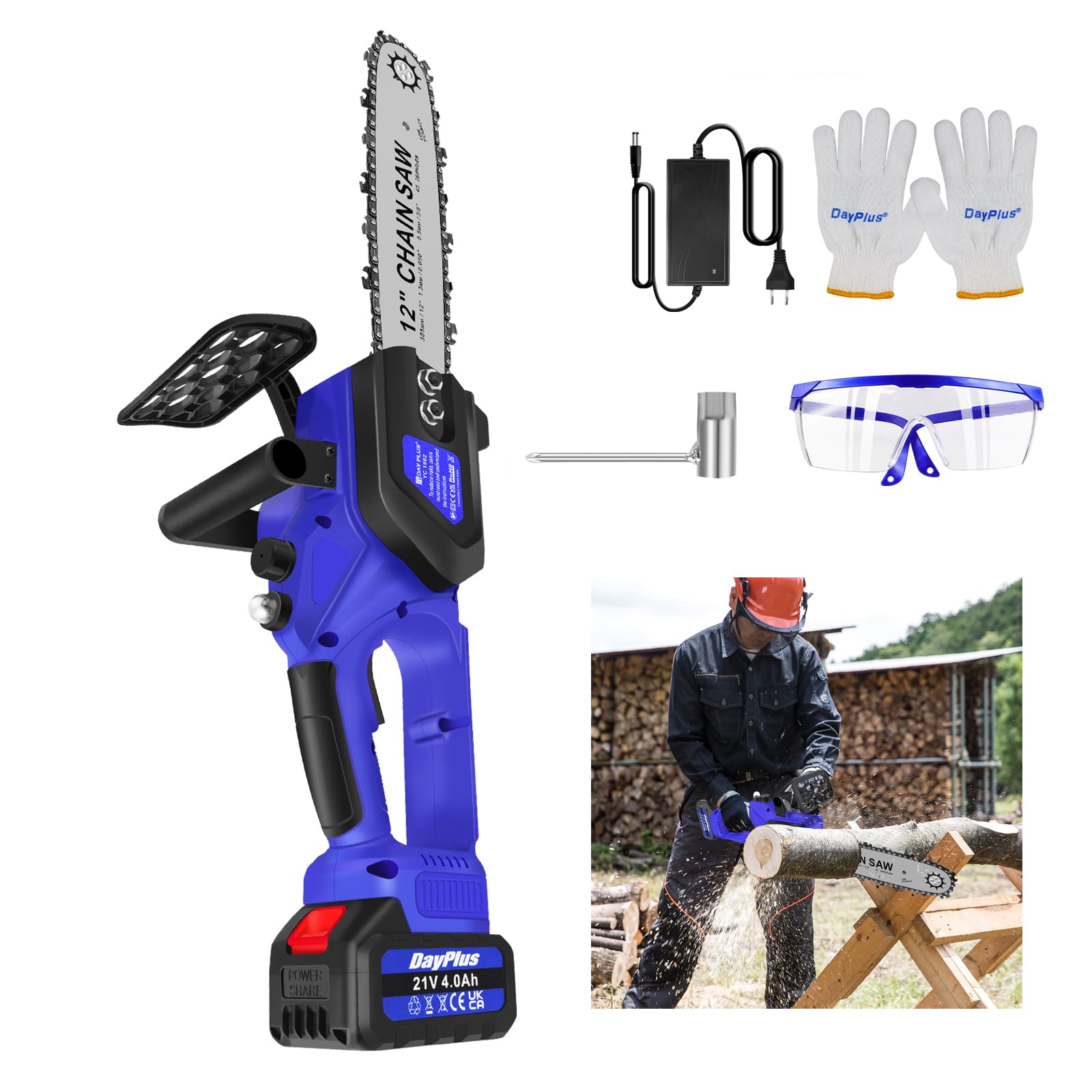 Motosierra eléctrica sin cable de 12 pulgadas con sistema de engrasador de seguridad de 4,0 Ah, batería de 4,0 Ah, 2 cadenas para cortar madera, árbol, recortar, jardinería