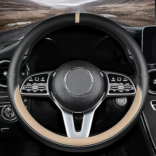 Funda de cuero napa para volante de automóvil, antideslizante, diseñada para accesorios interiores (beige)