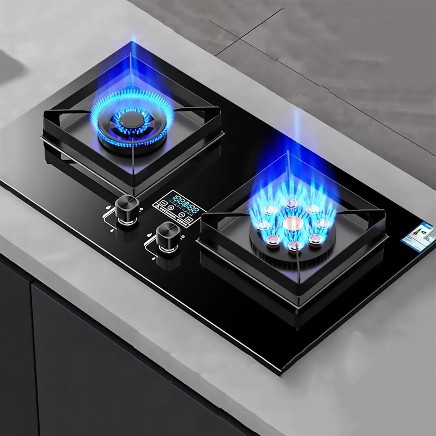 Tabletop And Flush-mounted Gas Ranges, Left 5.0KW Right 5.2KW Double Gas Stove, 180-minute Timer On Both Sides Tempered Glass Gas Cooker With Flameout Protection Device, Easy To Clean(LPG)