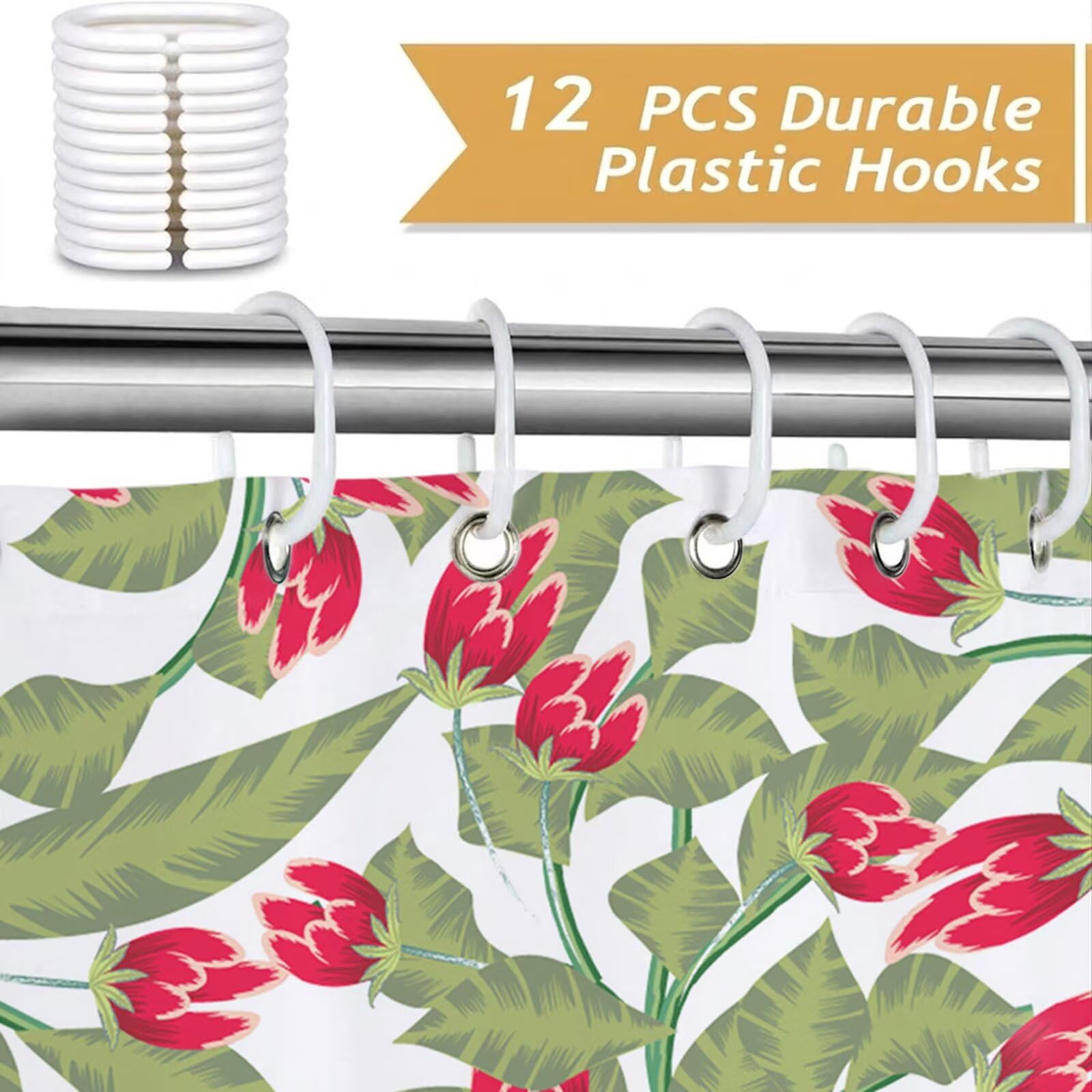 Duschvorhang 240x200 cm Anti Schimmel - Grün Design - Wasserdicht & Waschbar Schnelltrocknender Polyester Stoff - Inkl. 12 Ringe und Gewicht Shower Curtain für Badezimmer Dusche Badewanne, Weiß J8-449