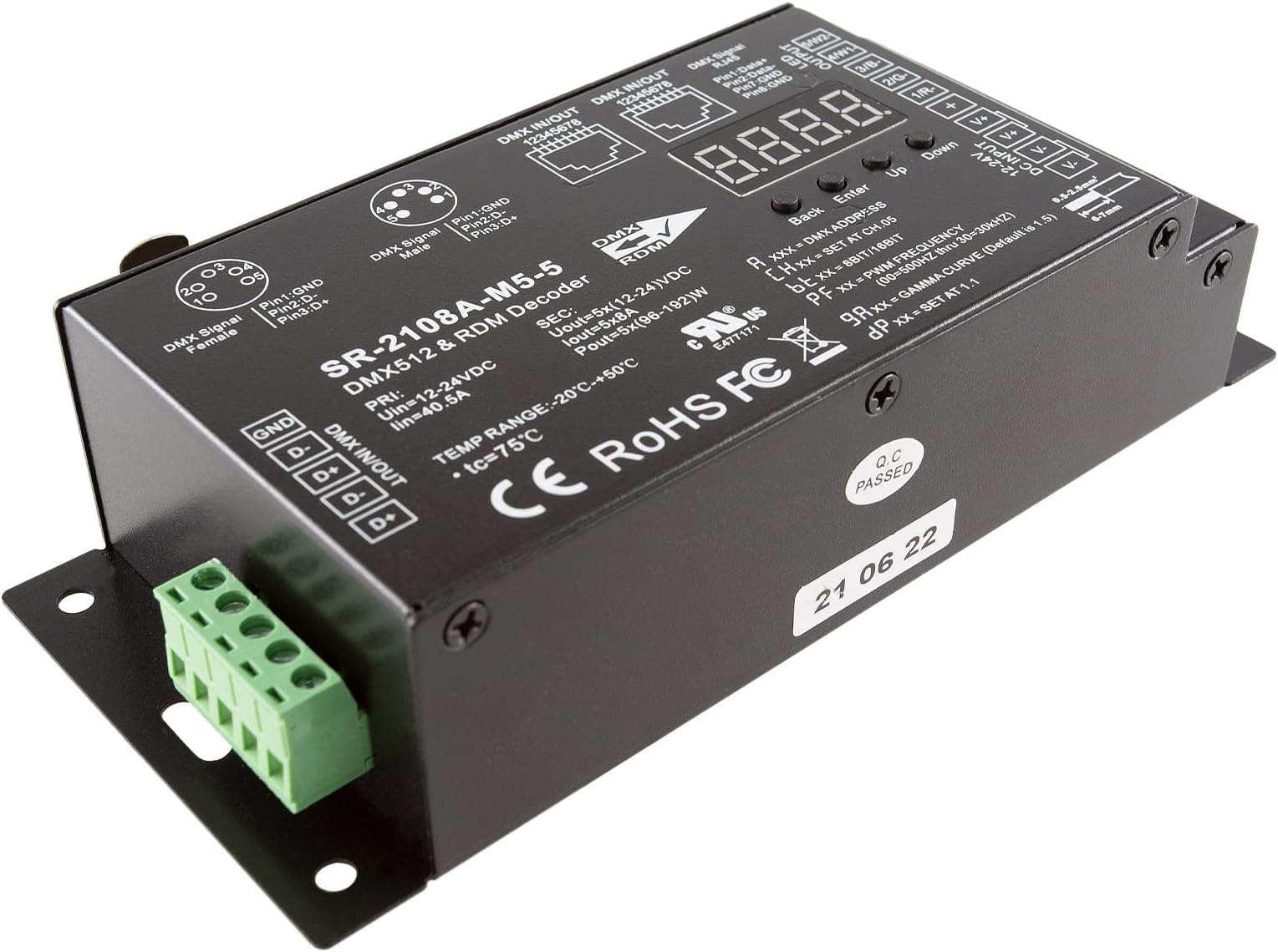 SIRS-E 5 Channel CV DMX RDM Digital PWM Decoder 8 / 16 bits for RGB & RGBW LED Lighting 12-24V DC UL Recognized Controller 5x8A Dimmer 5809 SR-2108A-M5-5