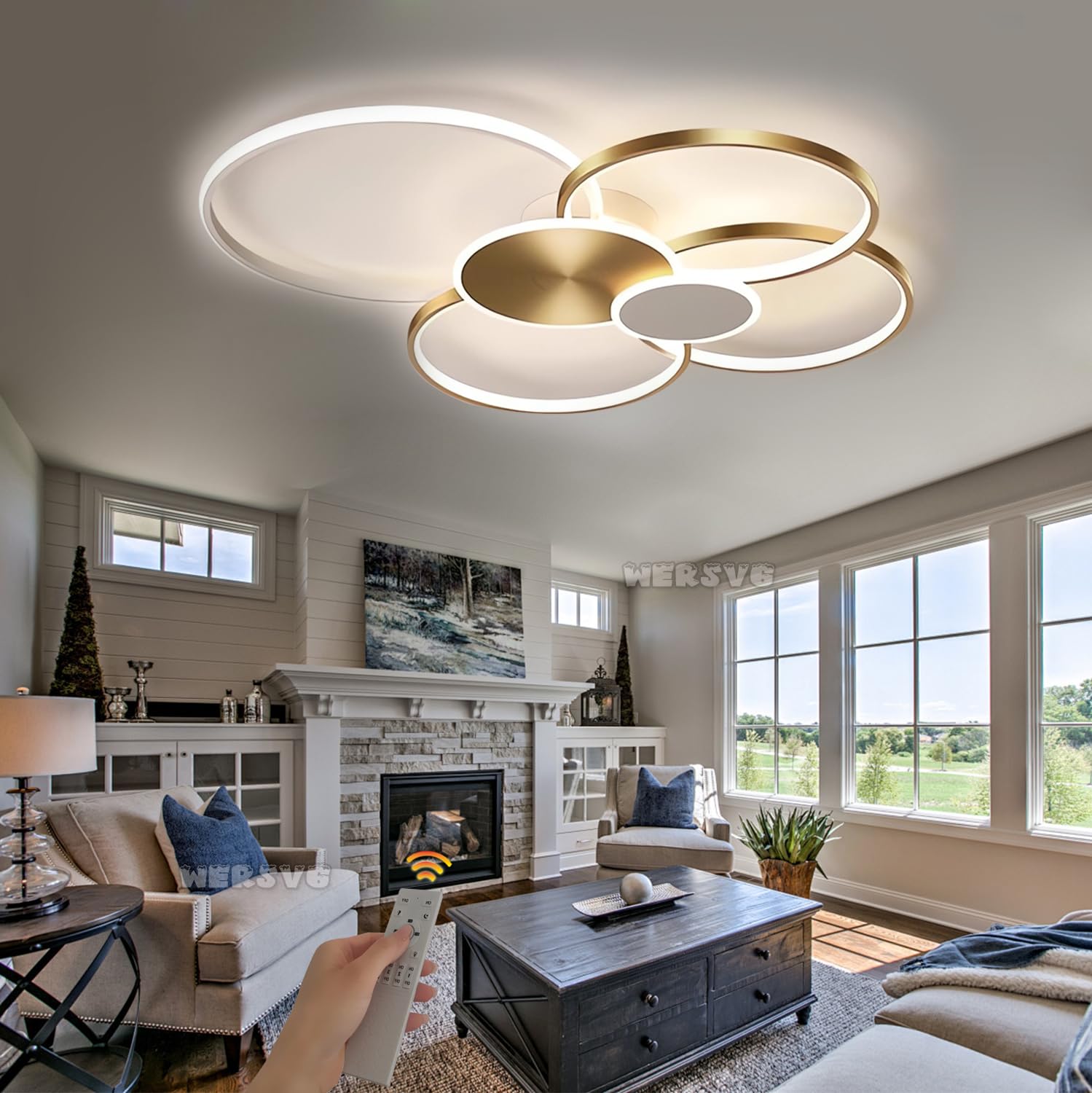 WERSVG LED Ceiling Light Dimmable with Remote Control Living Room Lamp Modern Round Ring Design Ceiling Lamp Metal Acrylic Lighting for Kitchen Bedroom Dining Room Children's Room Lamp (Gold,L80CM)