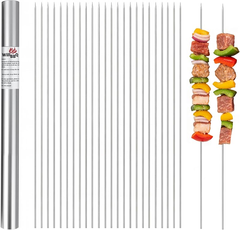 100PCS Stainless Steel Round BBQ Skewers, Grilling Skewers 13" | Reusable Grilling Sticks with Metal Storage Tube for Lamb, Beef, Chicken, Shrimp, Vegetables, BBQs, Camping, and Cookouts