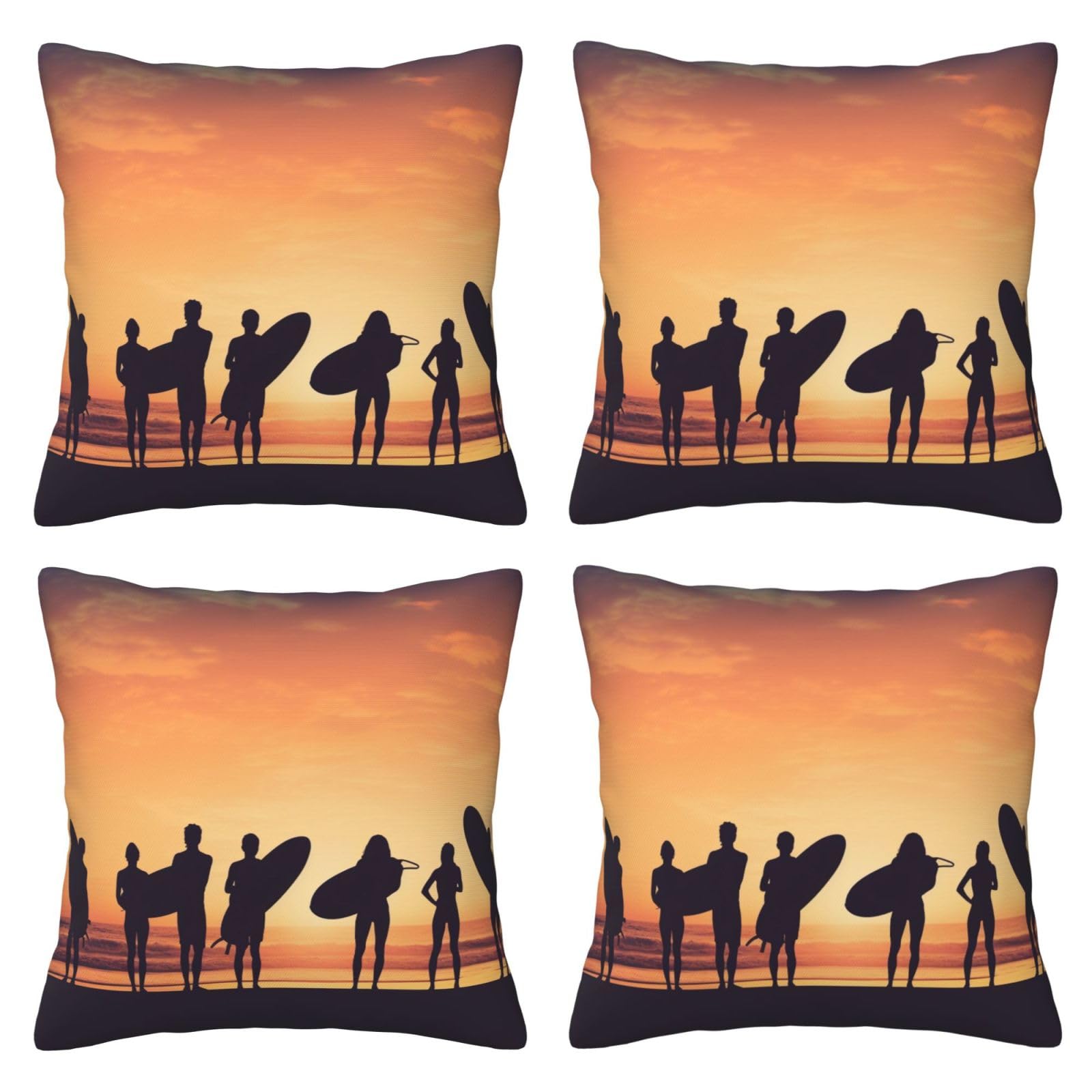 Silhouette of Surfer People Throw Pillow Cases 4 Pack Square Pillowcases Super Soft Pillow Protectors With Zipper for Couch Livingroom Sofa Bed Office Car,45x45 CM