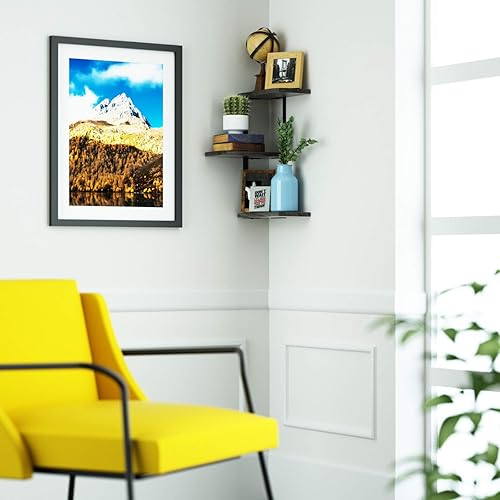 Miniatura 7 de Love-KANKEI Estantes de Esquina para Pared de 3 Niveles de Madera Rústica Flotantes para Dormitorio, Sala de Estar, Baño, Cocina, Oficina y Más,