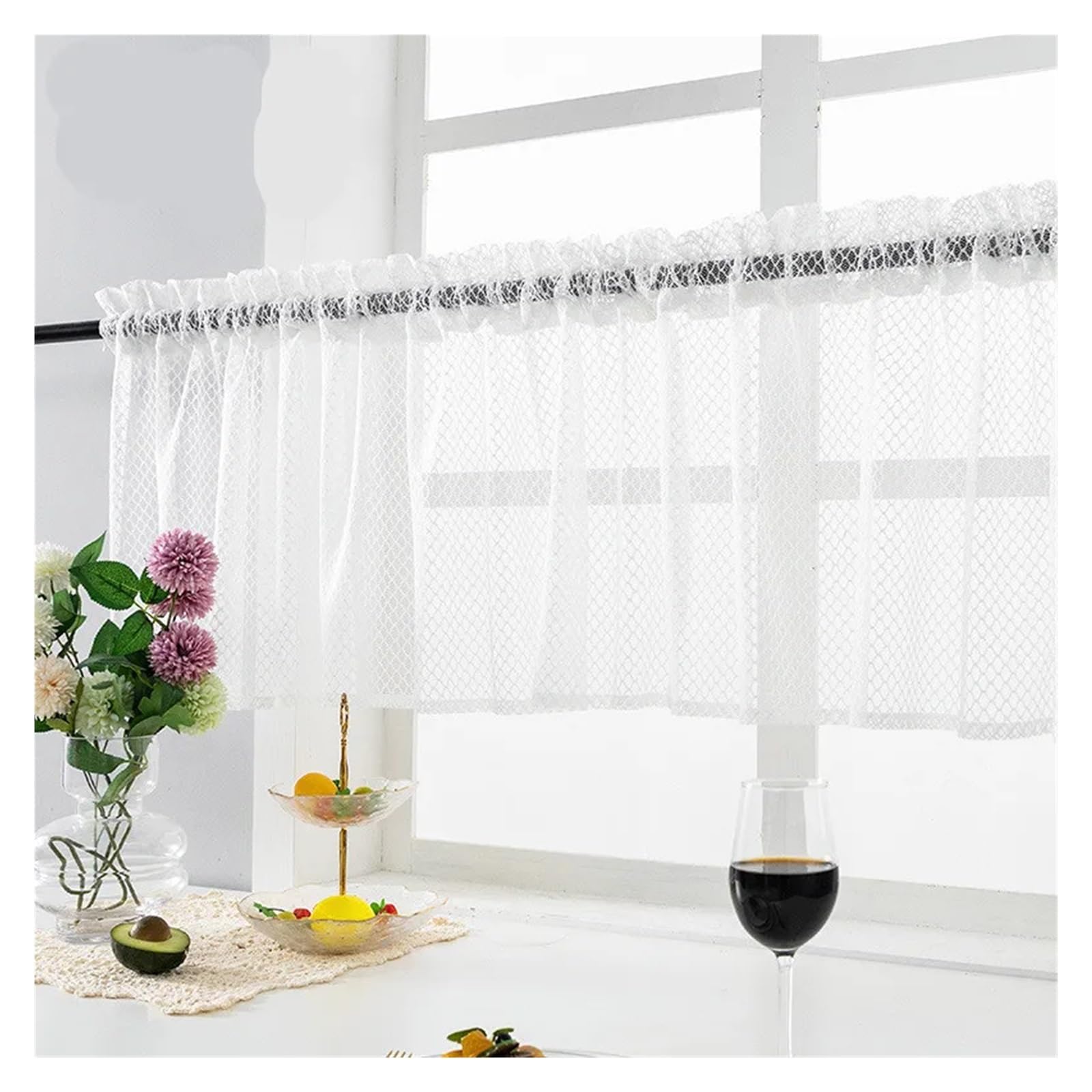 MKYYIOED Short Curtains Pastoral Style Small Fresh Kitchen Coffee Curtain Pole Blue Lace Short Finished Product(White,ROD POCKET_W137XH41CM)