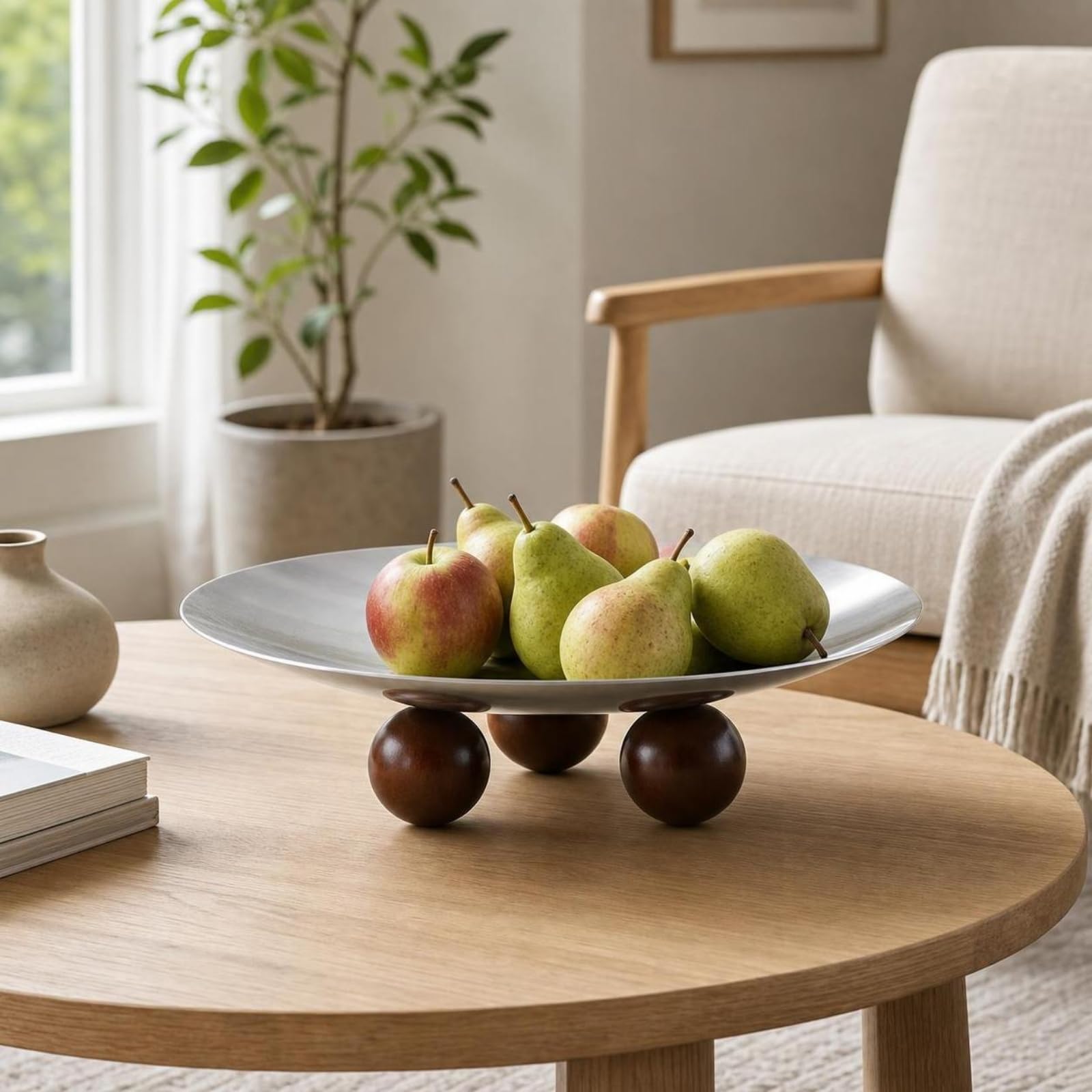Industrial Tray Edelstahl Rund Tablett Servierteller Platte Schale mit Holzfüßen für Obst Tellergebäck Getränke Und Raumdeko für Küche Essbereich Wohnzimmer