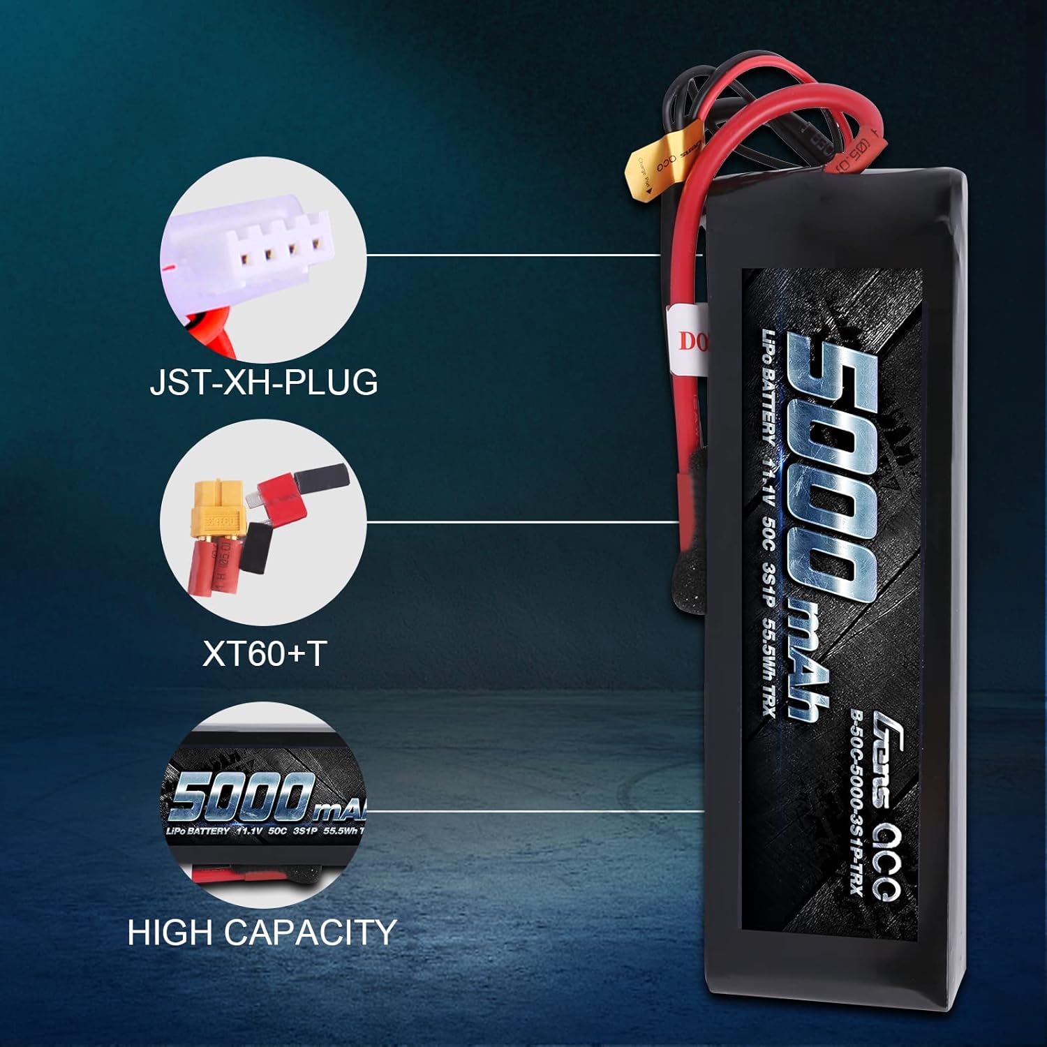 Gens ace 5000mAh 11.1V 3S 50C 3 Cell LiPo Battery Pack with XT60 and T Plug (Updated) for TRX RC Cars Slash vxl Slash 4x4 vxl E-maxx Brushless Axial e-revo Brushless and Spartan Models