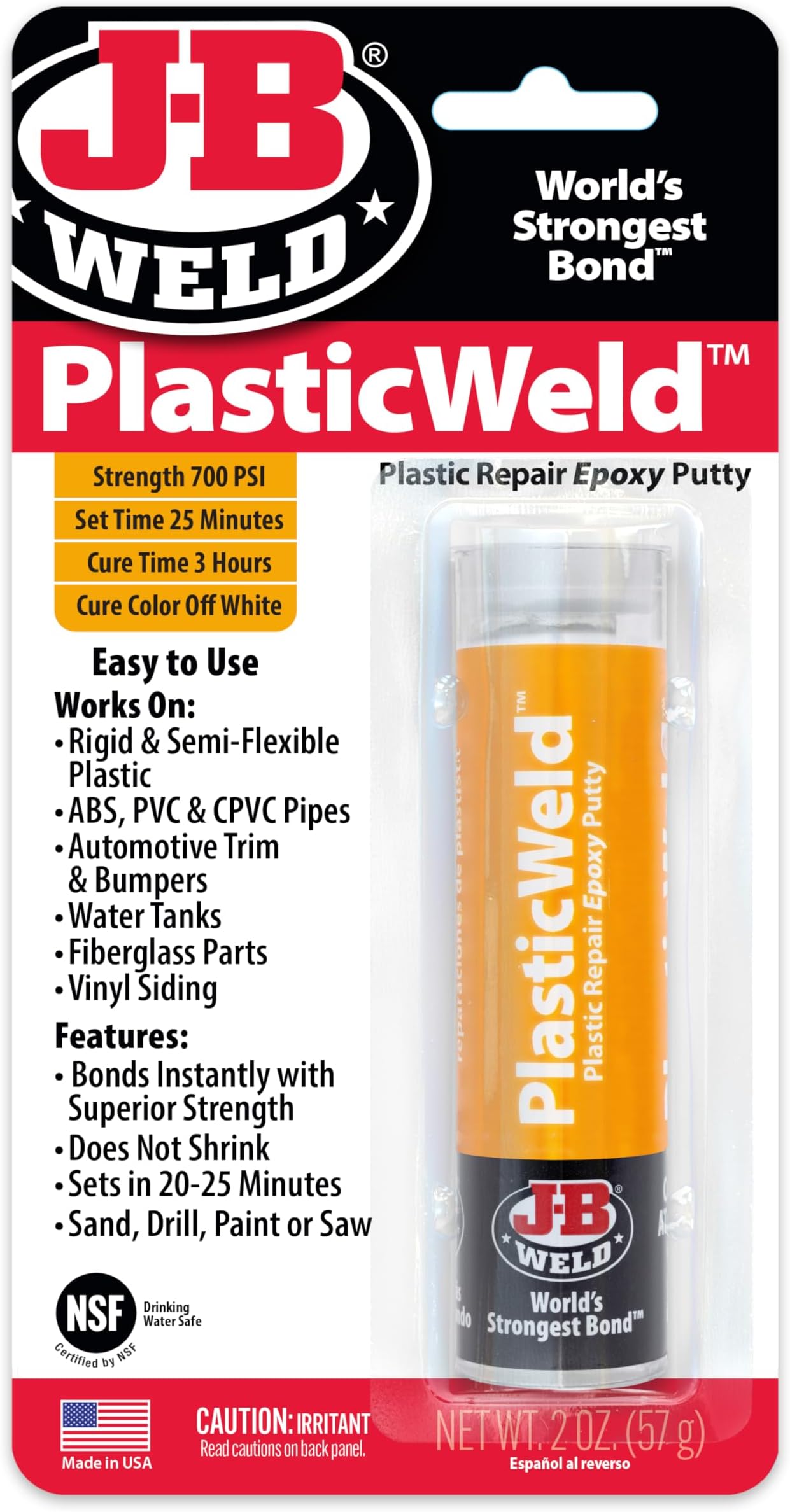 JB WELD 8237UK JB8237 Plastic Weld Fast-Setting Off White Multi Purpose Reinforced Epoxy Putty, 57 G