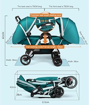 Baby Stroller for Twins-Cozy Compact Twin Stroller, Double Infant Stroller with Tandem Seating,Oversized Canopy, Tandem Umbrella Stroller for Girls Boys (Color : Green)