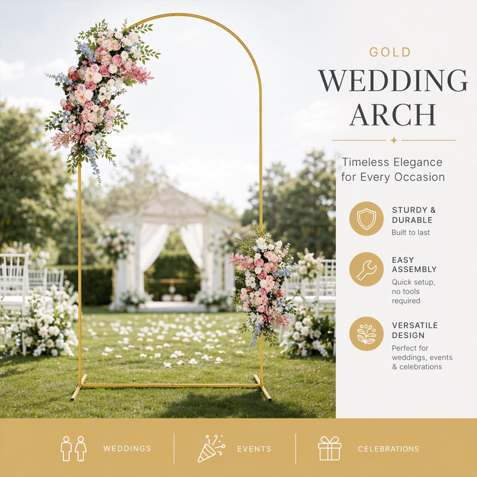 Goldfarbener Hochzeitsbogen 120x220cm – Eleganter Party-Hintergrund