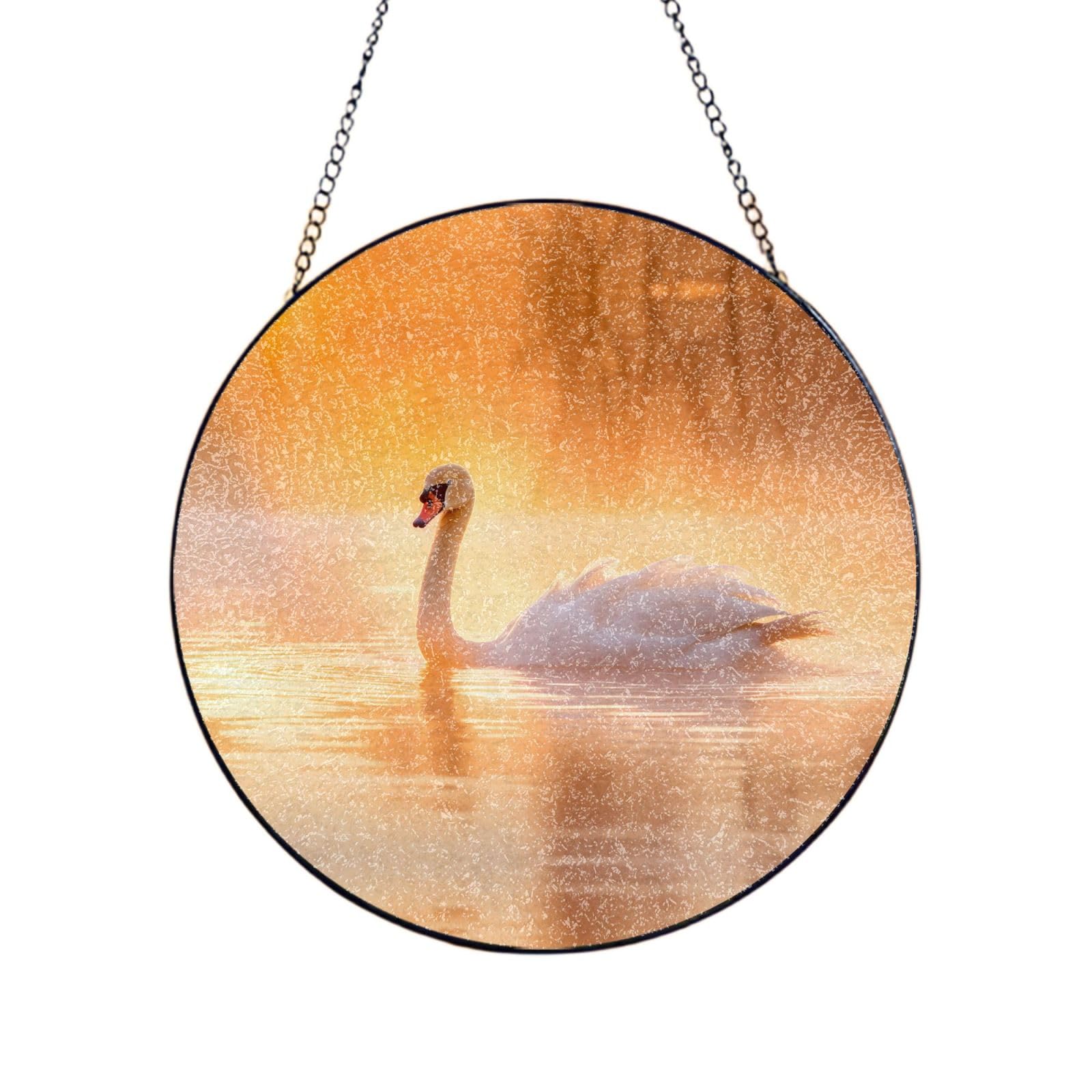 Phayah White Swan On Lake Print Stained Glass Window Hanging Sun Catchers Decoration Mother'S Day Birthday Gifts For Home Garden Porch 6in（15cm）