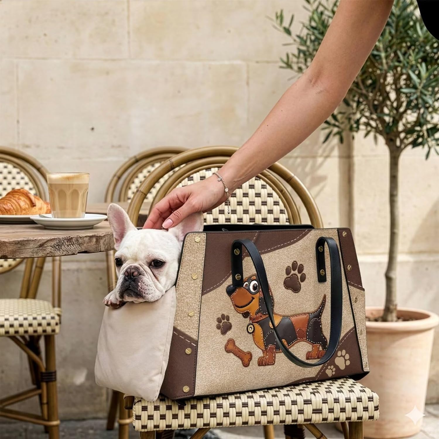 COEQINE Dog Bag Carrier for Small Dogs Sling Purses for Women Leather Dachshund Dog Paw Brown Puppy Carrier Sling 15 Ibs Luxury Womens Tote Bag Purse Waterproof,15x9x6 in