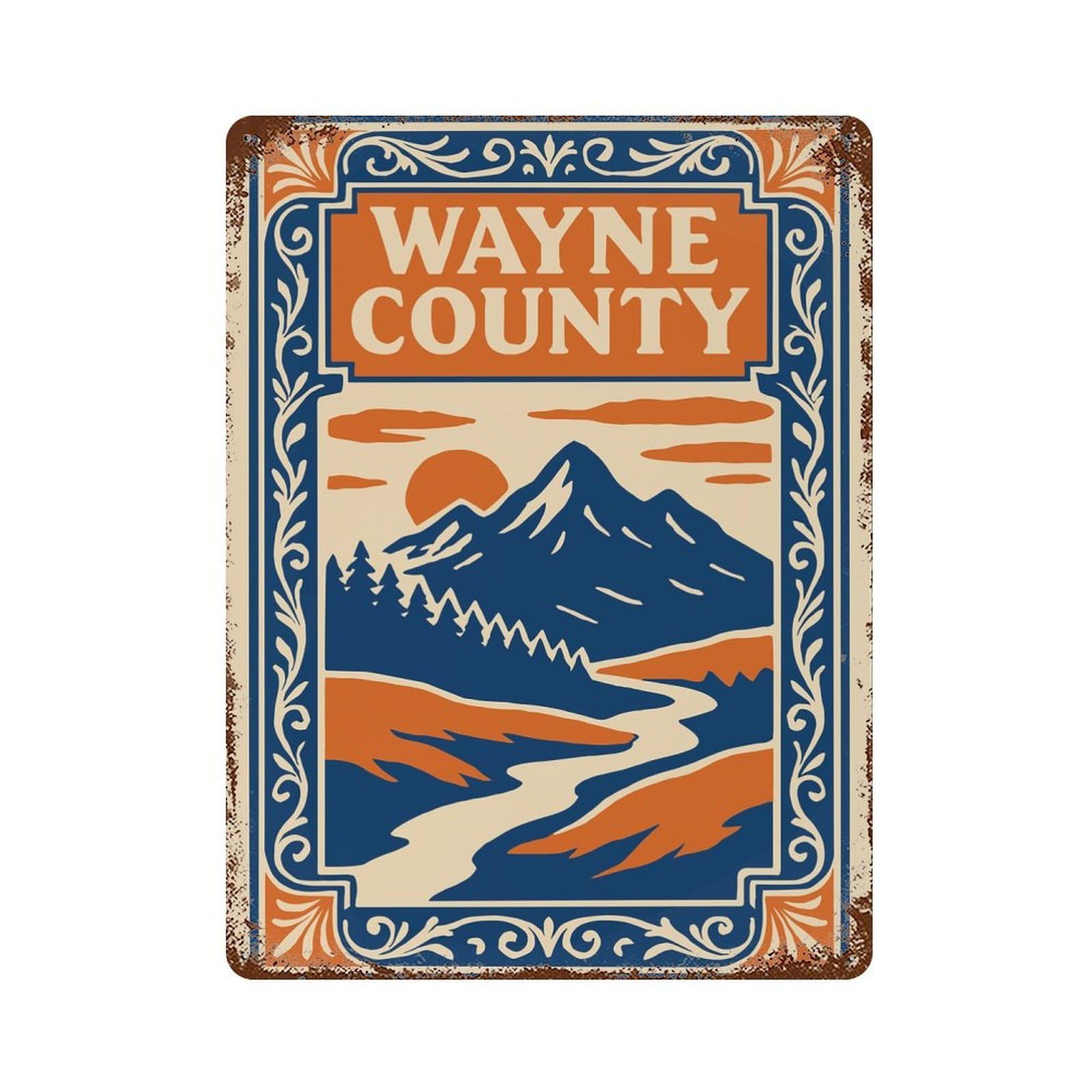 Garage Style Wayne County Landscape Illustration Aged Metal Wall Plaque 15.7"x11.8", Novelty Wall Decor for Bar And Workshop