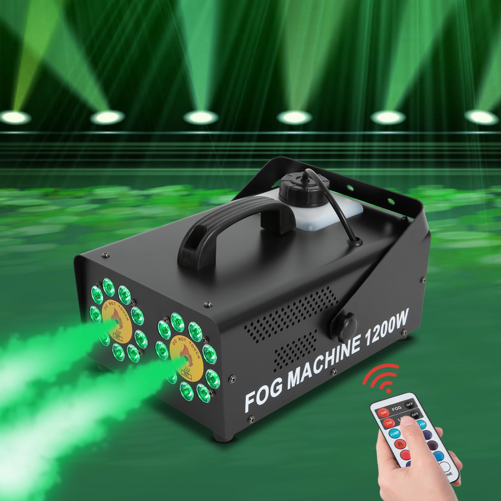 Macchina per fumo, 1200 W, doppio ugello a iniezione diretta, fumatori con 18 LED RGB, effetto palcoscenico, attrezzatura con telecomando, grande volume di spruzzo per matrimoni, effetto palcoscenico