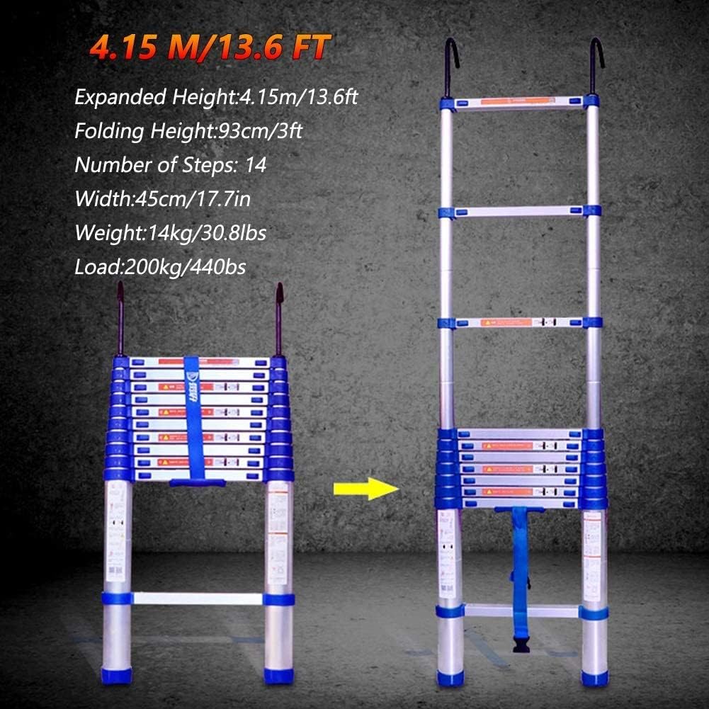 OKUOKA Outdoor Telescoping Ladder with Hooks, 6.5 8.5 9.6 10.6 12.6 13.6 14.5 16 17 19 20 FT Telescopic Extension Ladder, Blue (Size : 4.15m/13.6ft)