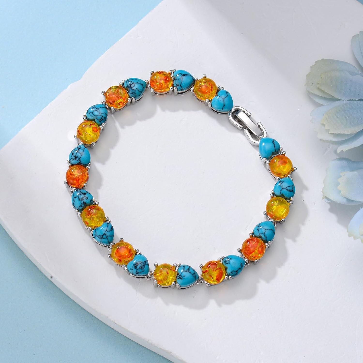 PEIMKO 925 Sterling Silver Full Stone Textured Turquoise Amber Tennis Bracelet White Gold Plated Jewelry Gift for Women Mothers - Image 4