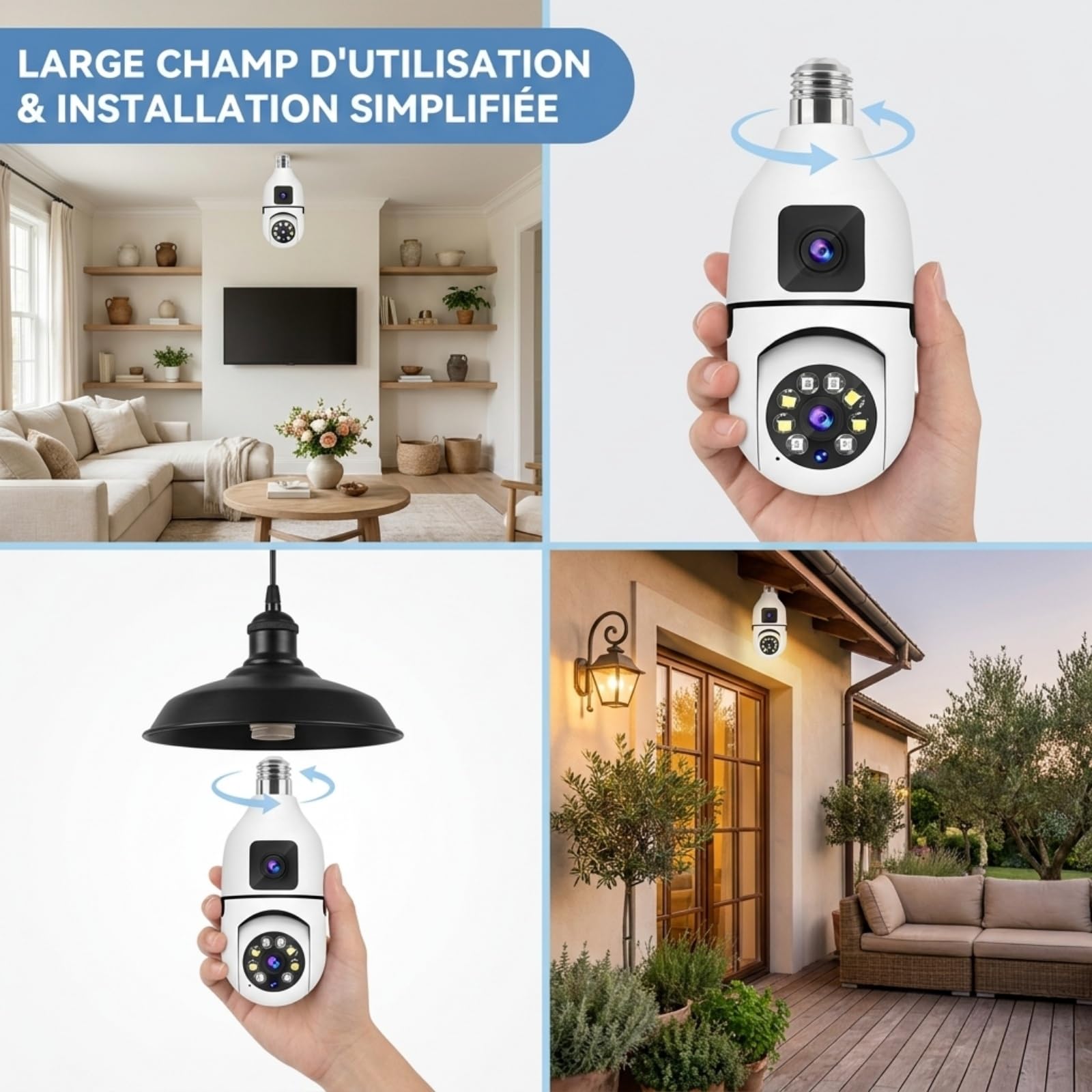 1080P HD Caméra Double Objectif Ampoule E27 WiFi 2.4G Intérieur Extérieure