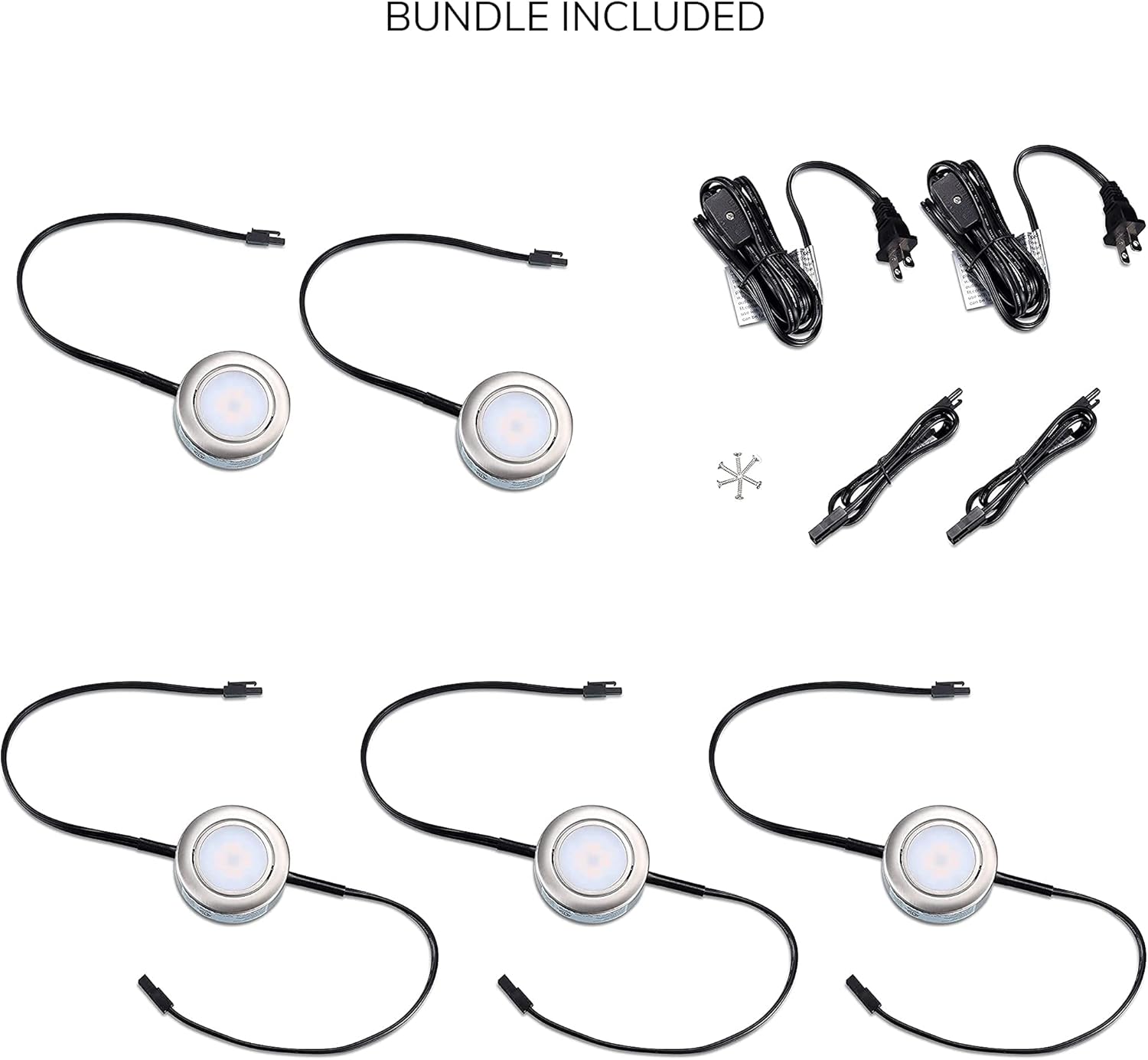 GETINLIGHT Inlight 5 Pack Puck Light with 2 Power Cord, Warm White 2700K, Brushed Nickel