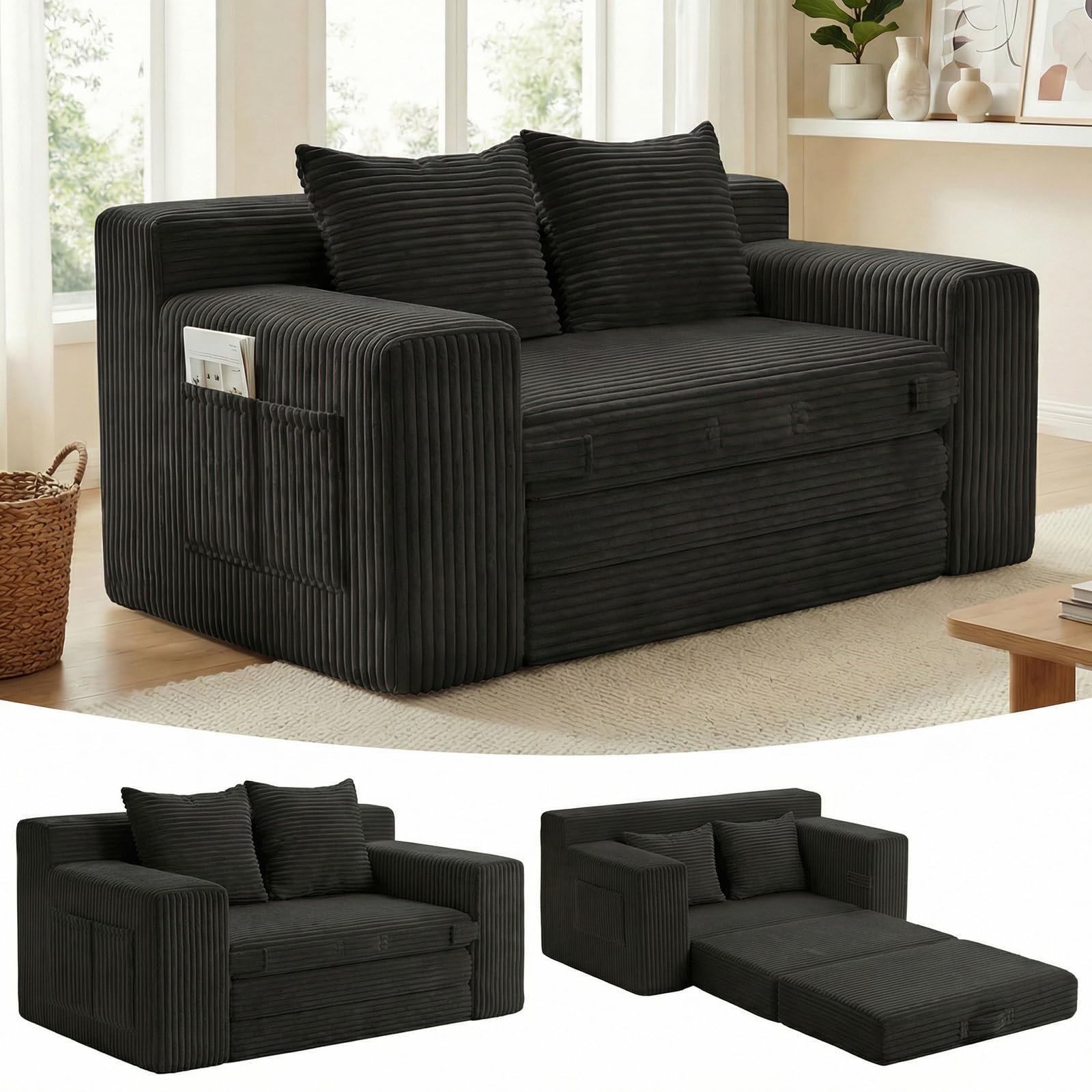 Boneless Couch,Boneless Loveseat Sleeper Sofa Bed – 3-in-1 Convertible Couch Bed with Side Pockets & Handle,Pull Out Corduroy Futon for Small Space,Living Room & Bedroom,2 Pillows Included,No Assembly