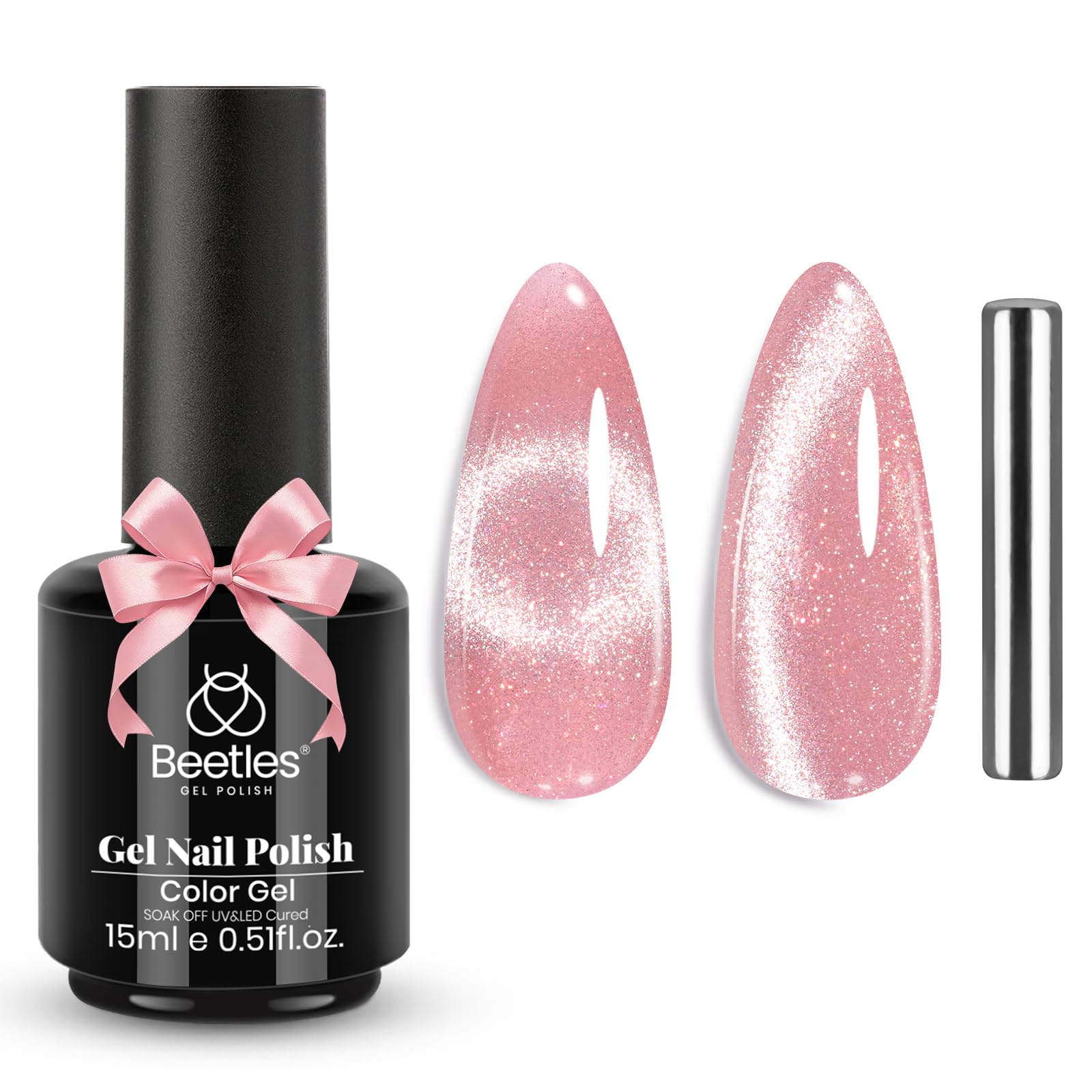 Beetles Pink Cat Eye Gel Nail Polish - 15ML Valentines Gel Polish Light Pink Cat Eye Shimmer Glitter Gel Polish with Magnet Soak Off UV Spring