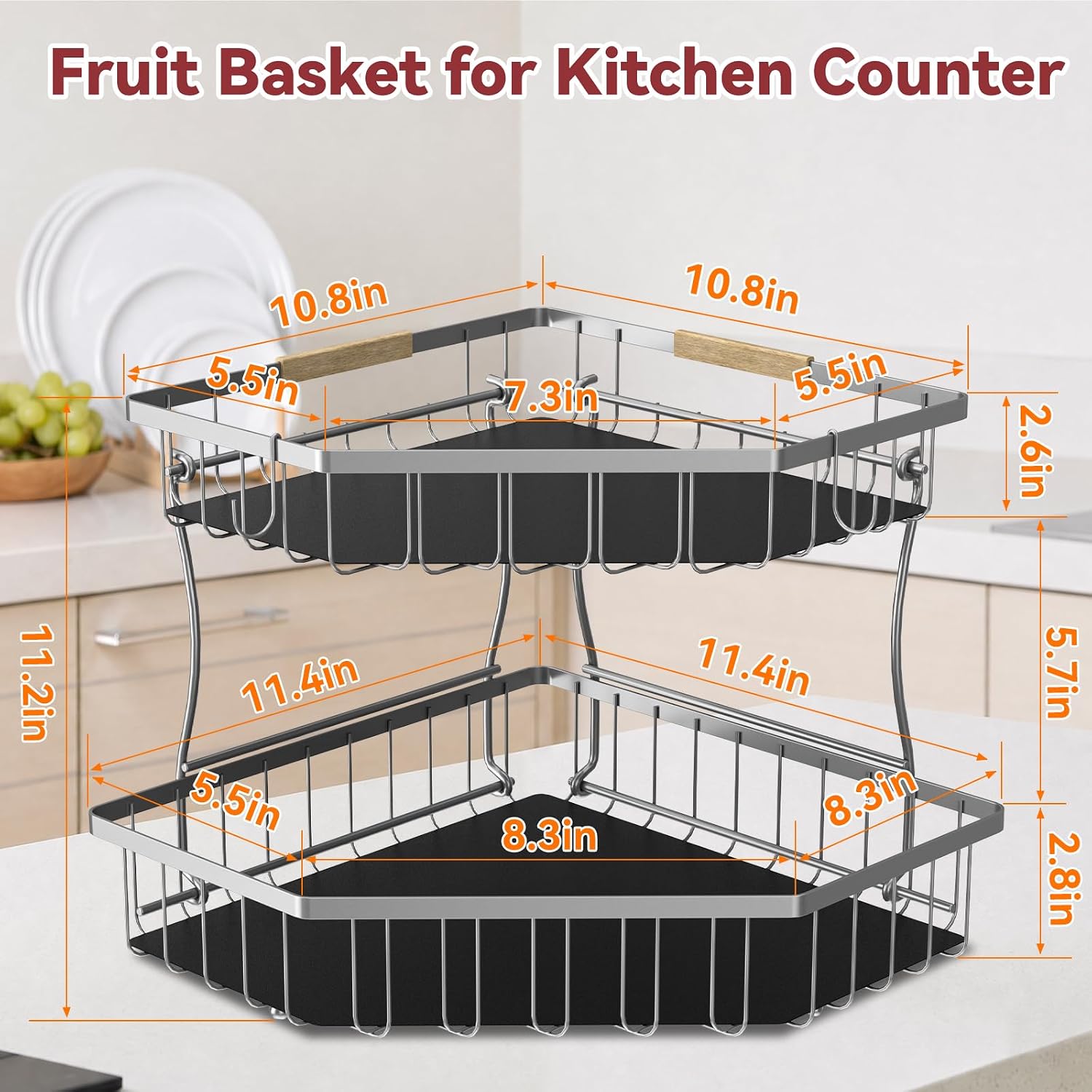 2 Tier Fruit Basket for Kitchen Counter with 2 Banana Hangers for Corner
